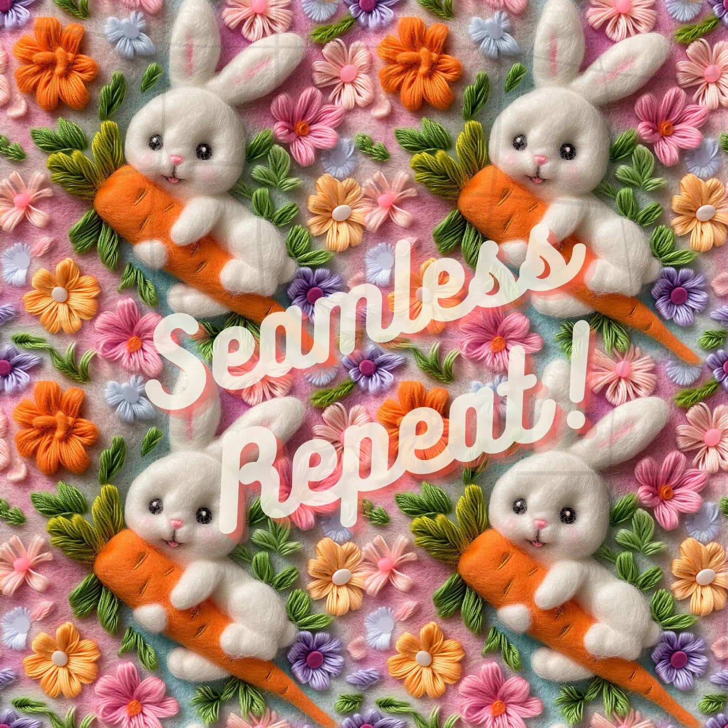 Instant Download Rabbit with Carrot Easter Embroidery Seamless Pattern, Bright Spring Floral Bunny Digital Paper sublimation Instant download Repeat Print