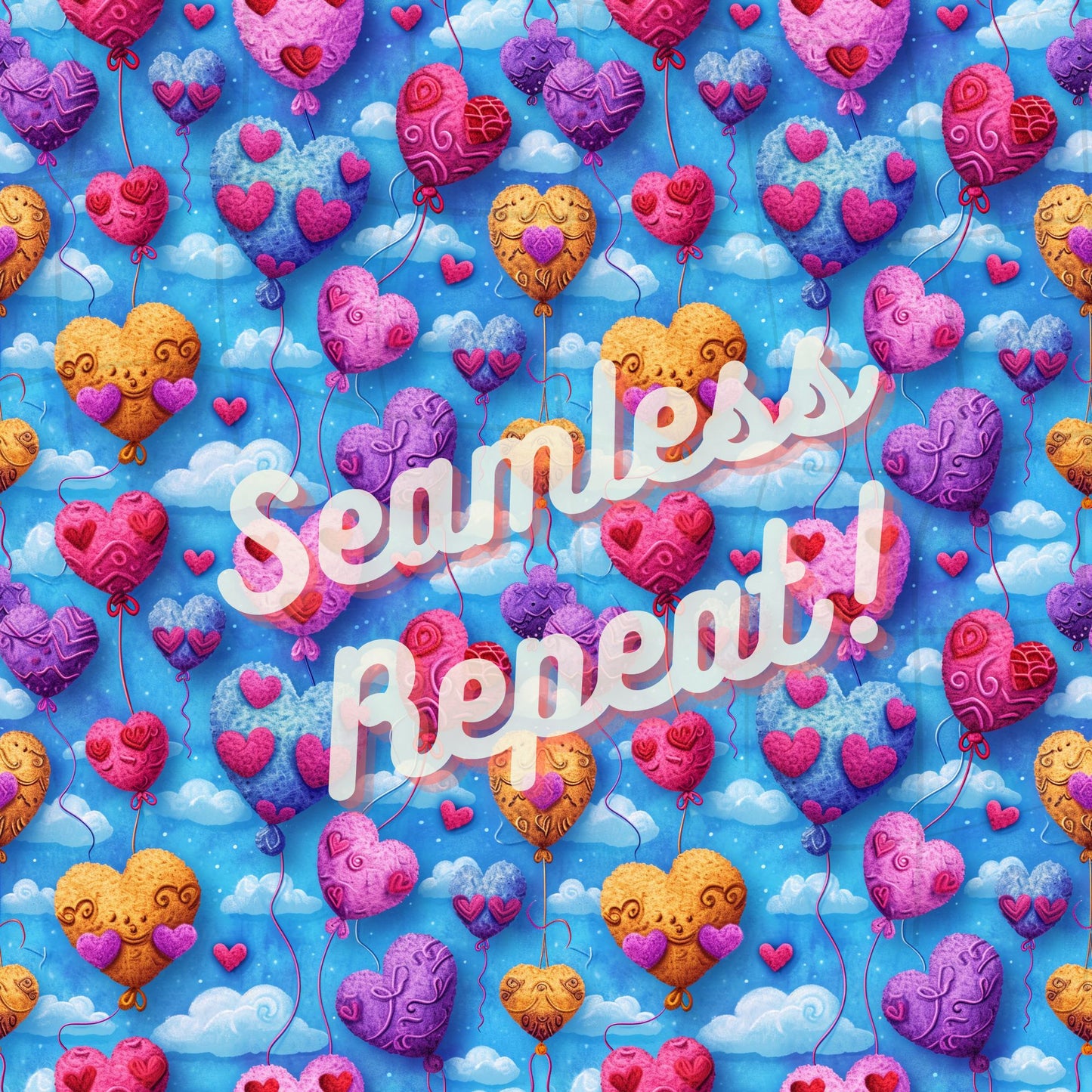 INSTANT DOWNLOAD Bright Valentine's Day Heart Balloons Seamless File, Colorful Balloons Faux Embroidered Digital Paper sublimation design