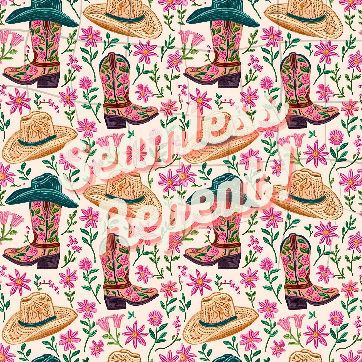 Instant Download - Western Cowgirl Boot and Hat Faux Embroidery Seamless Digital Paper for Fabric Printing, Western Floral Seamless Repeat Sublimation Design