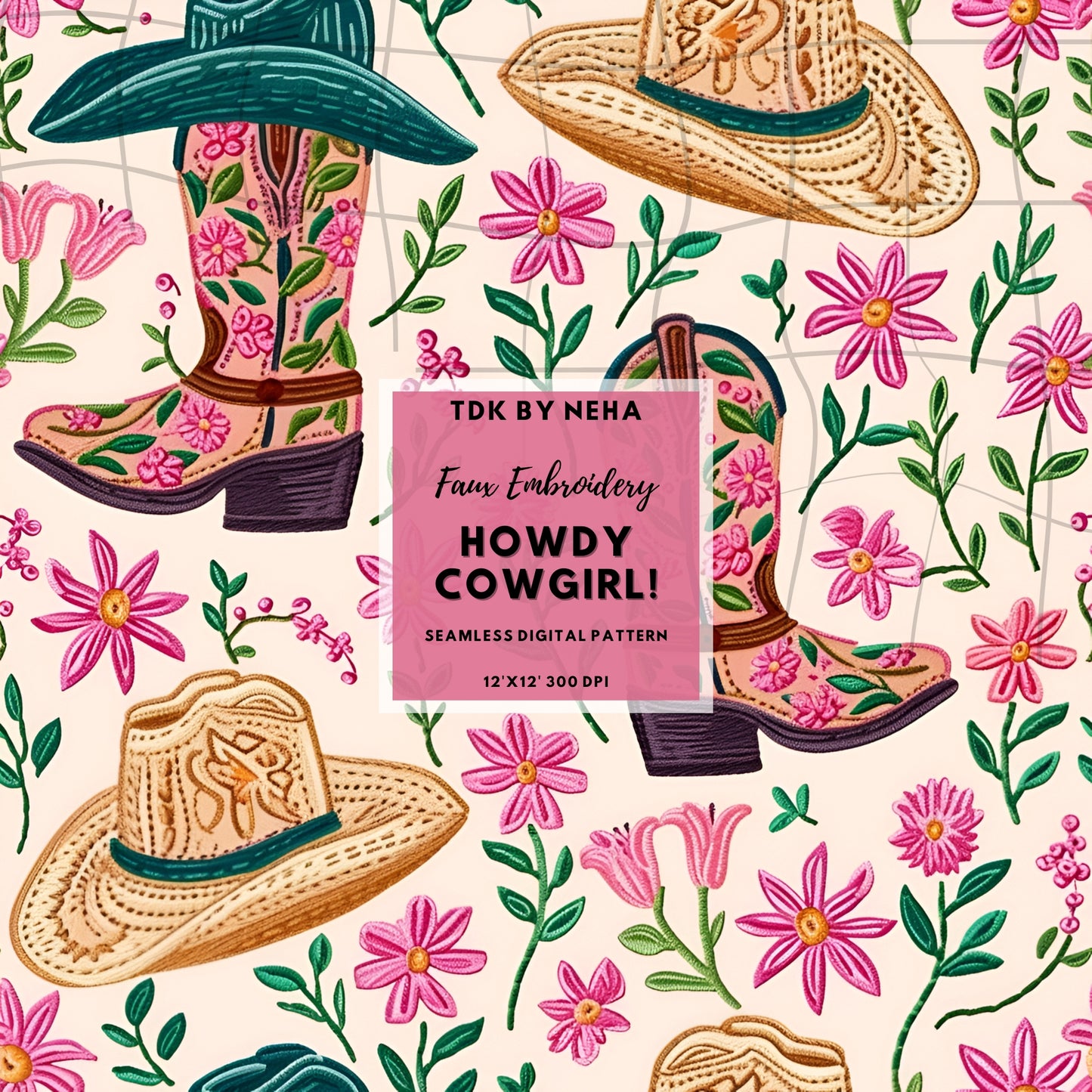 Instant Download - Western Cowgirl Boot and Hat Faux Embroidery Seamless Digital Paper for Fabric Printing, Western Floral Seamless Repeat Sublimation Design