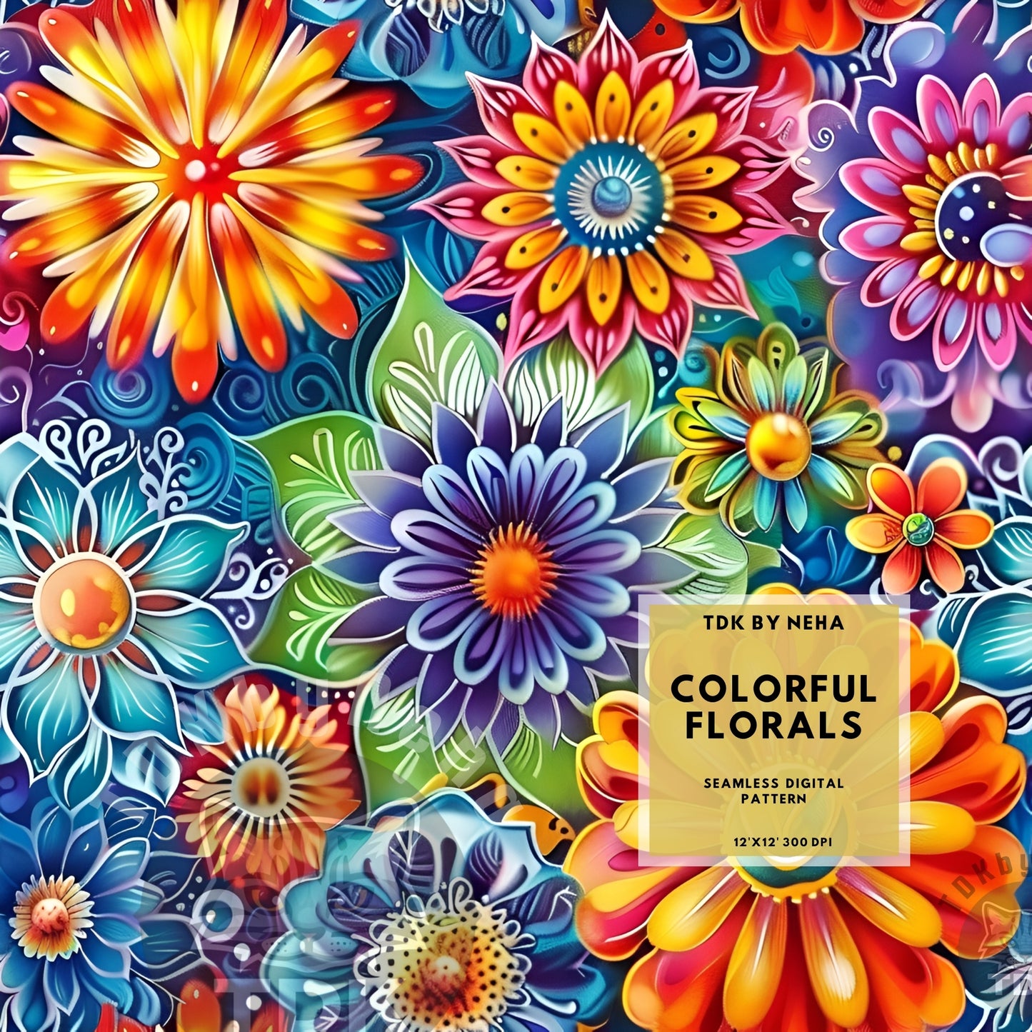 Instant Download , Colorful Mandala Florals Seamless Digital Paper for Fabric Print, Bright Psychedelic Flower Seamless Repeat Sublimation Design