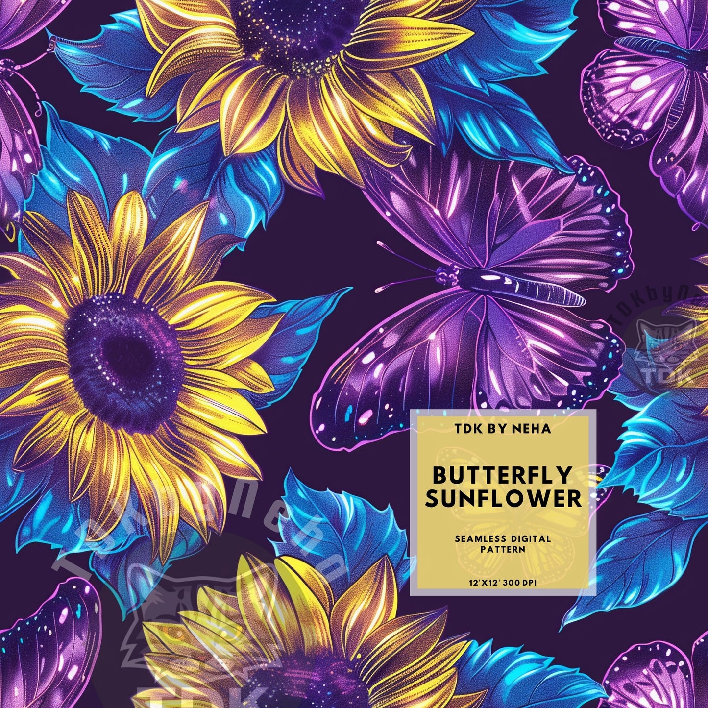 Instant Download , Neon Butterfly and Sunflowers Seamless Digital Paper for Fabric Print, Mystical Flower and Butterflies Seamless Repeat Sublimation Design