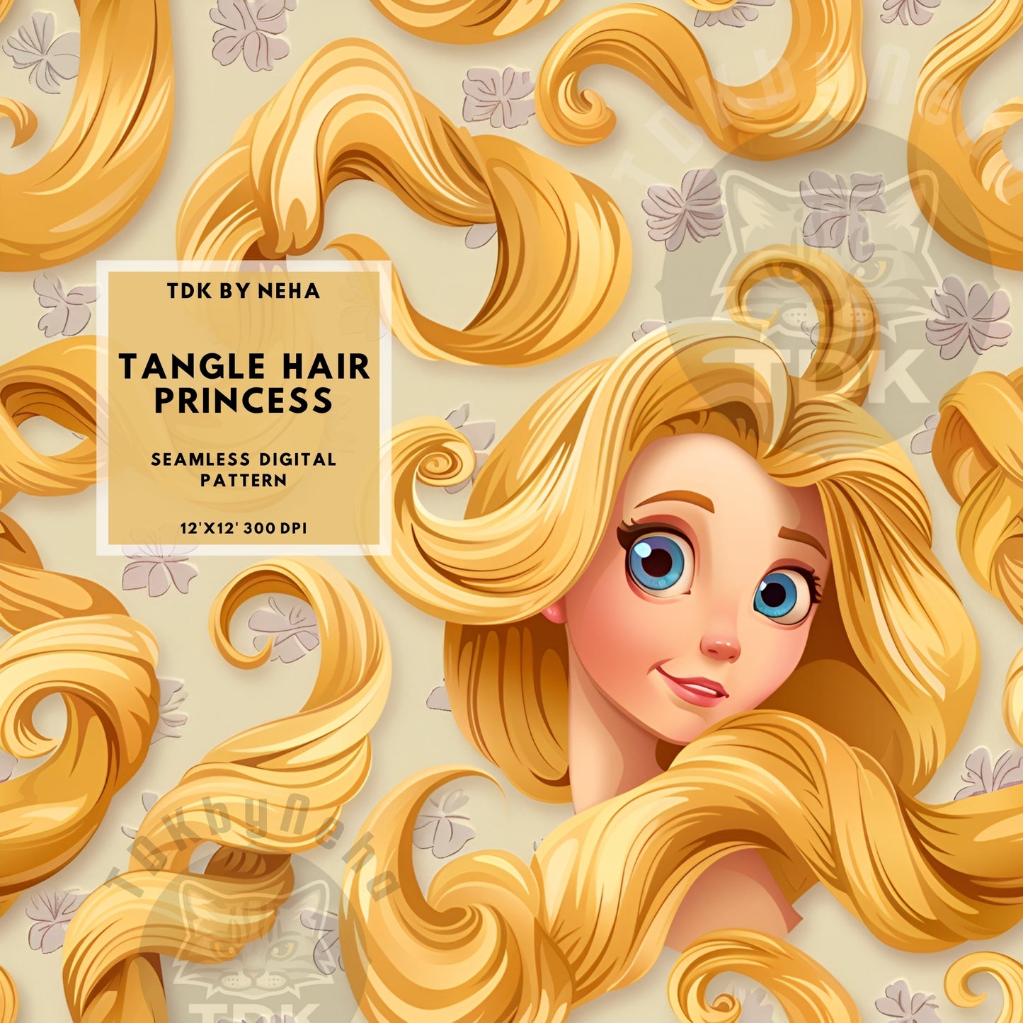 Instant Download Princess with Long Hair Seamless Digital Paper for Fabric Printing, Magical Princess Seamless Repeat Sublimation Design