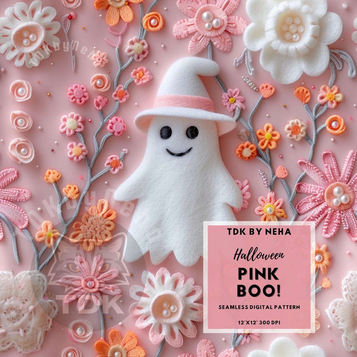 Instant Download , 3D Cute Floral Ghost Seamless Digital Paper for Fabric Print, Cute Pink Ghost Halloween Seamless Repeat Sublimation Design