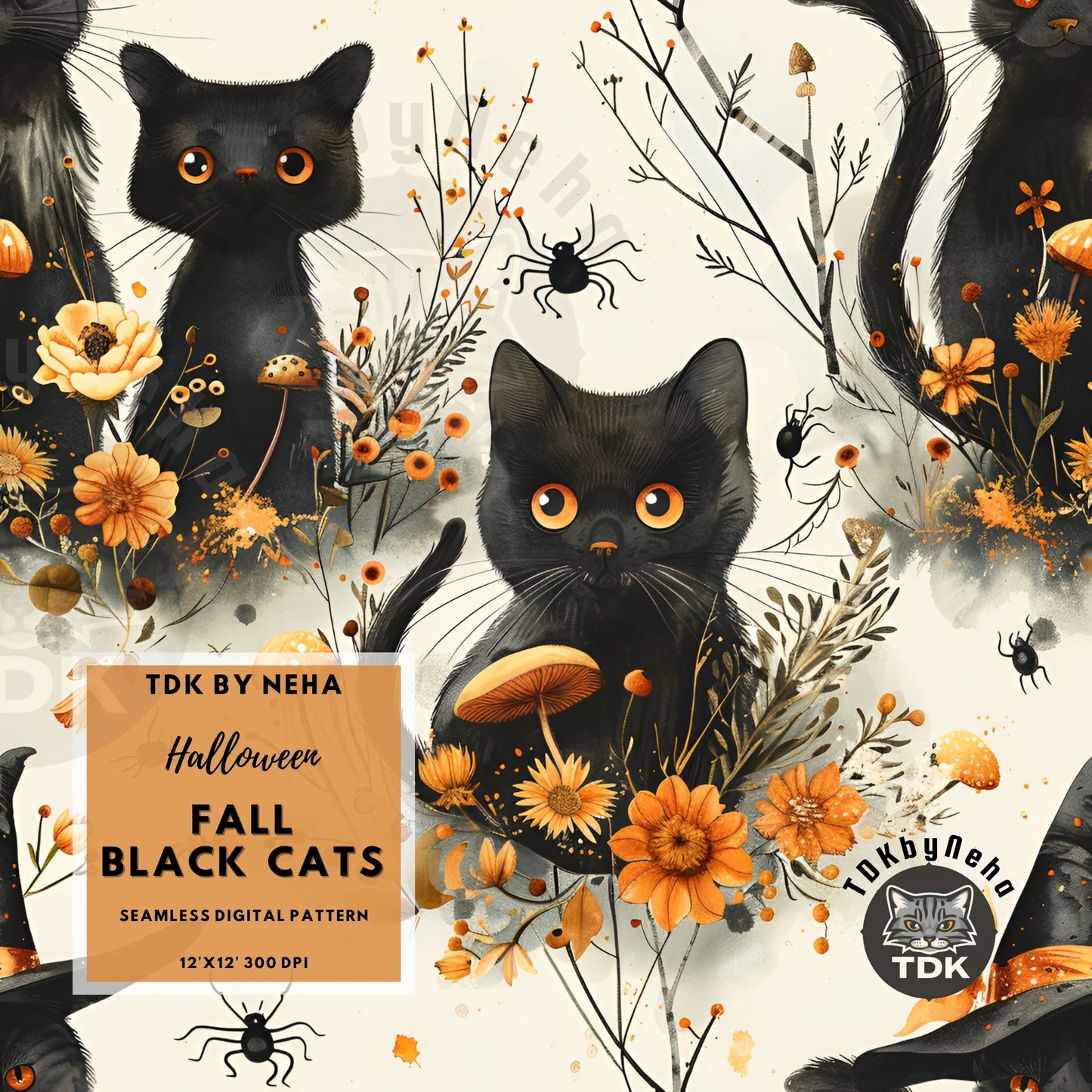 Halloween Boho Fall Black Cats Seamless JPG
