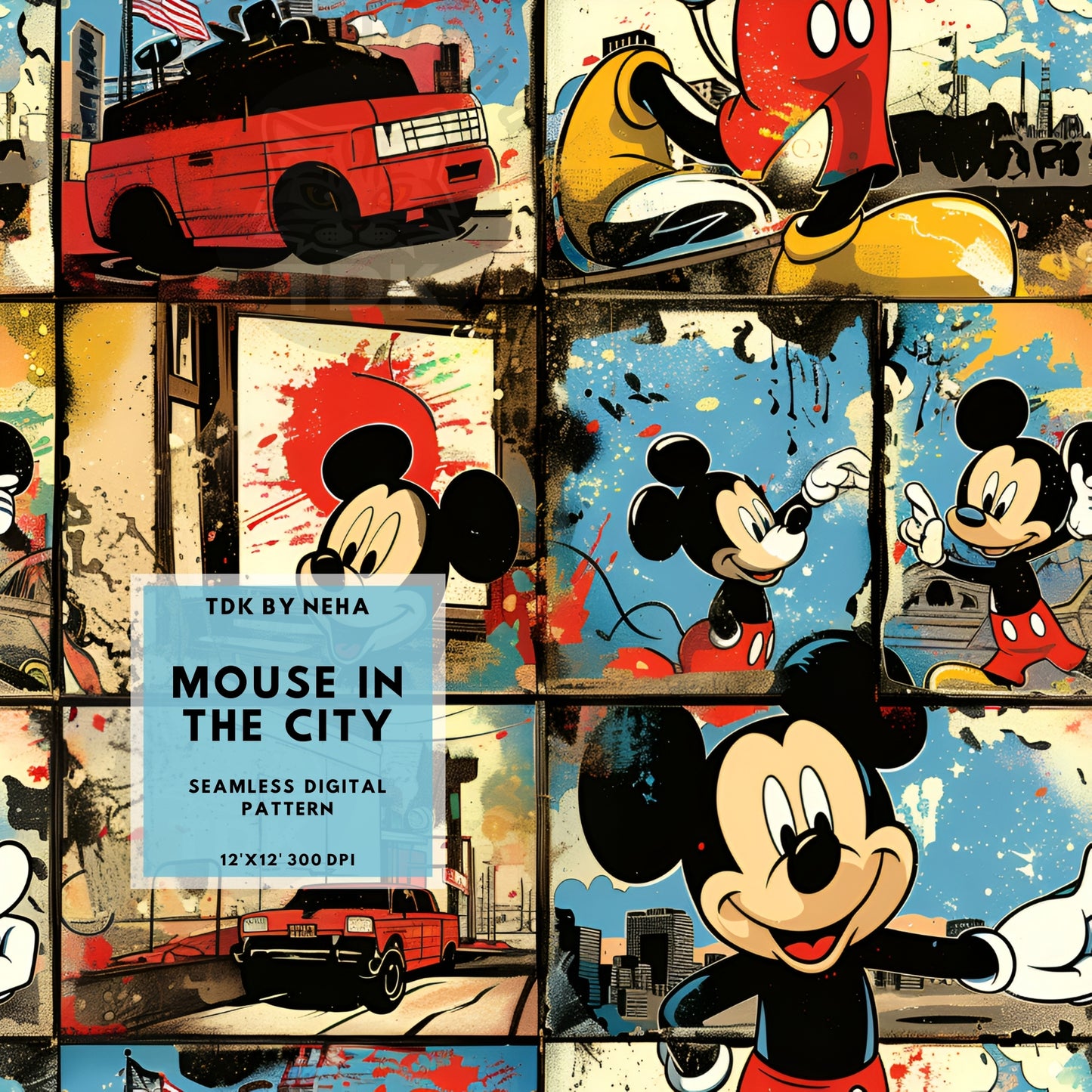 Instant Download Mouse in the City Cartoon Seamless Digital Paper for Fabric Printing,Cute Character Seamless Repeat Sublimation Design