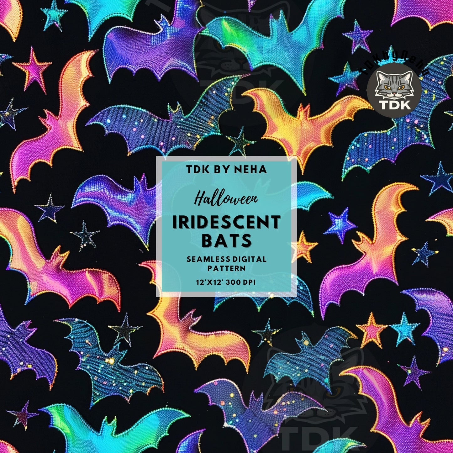 Halloween Spooky Iridescent Holographic Neon Bats Seamless JPG