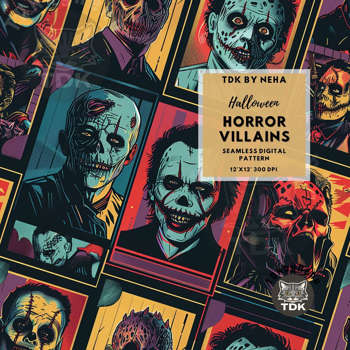 Halloween Scary Horror Villains Collage Patchwork Seamless JPG