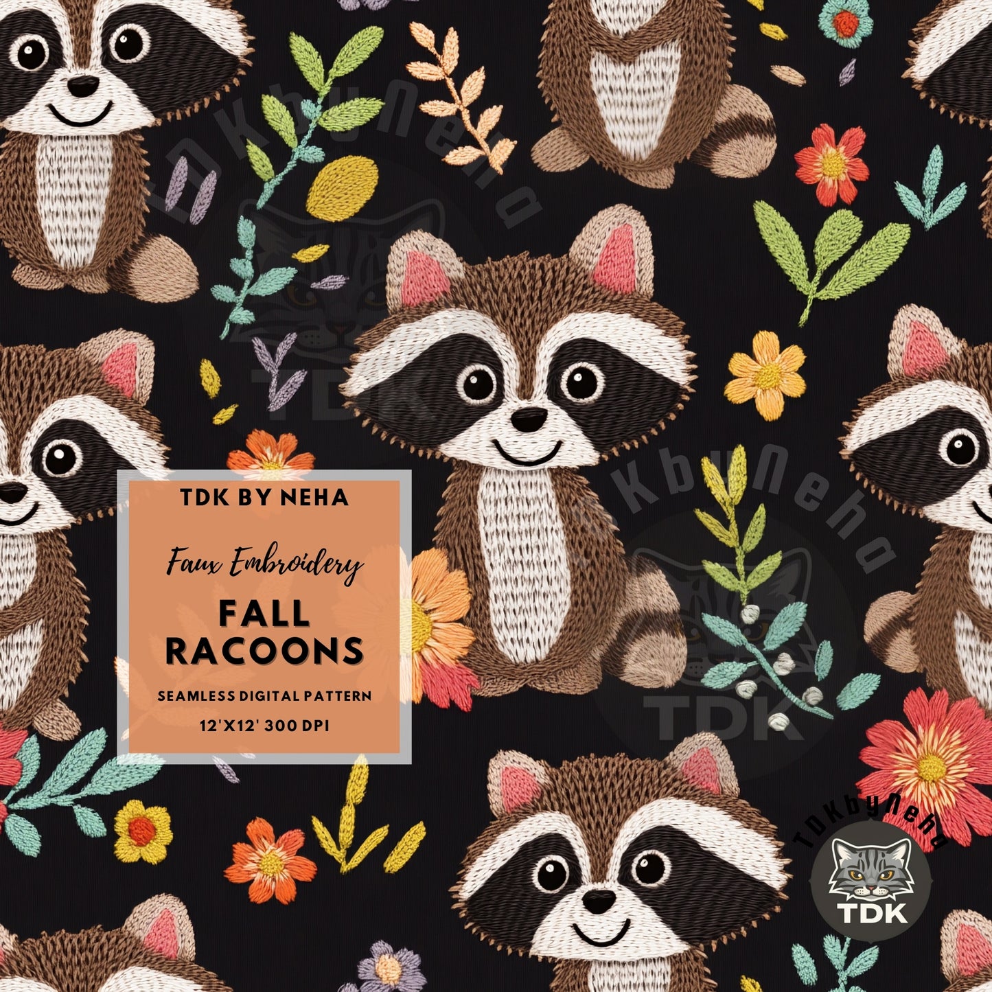Cute Boho Fall Racoons Seamless JPG