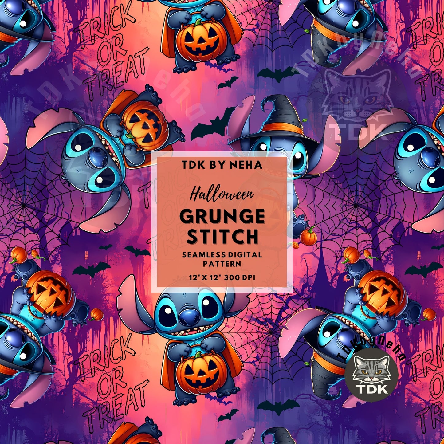 Instant Download Halloween Trick or Treat Stitch Seamless Pattern for Sublimation (Grunge)