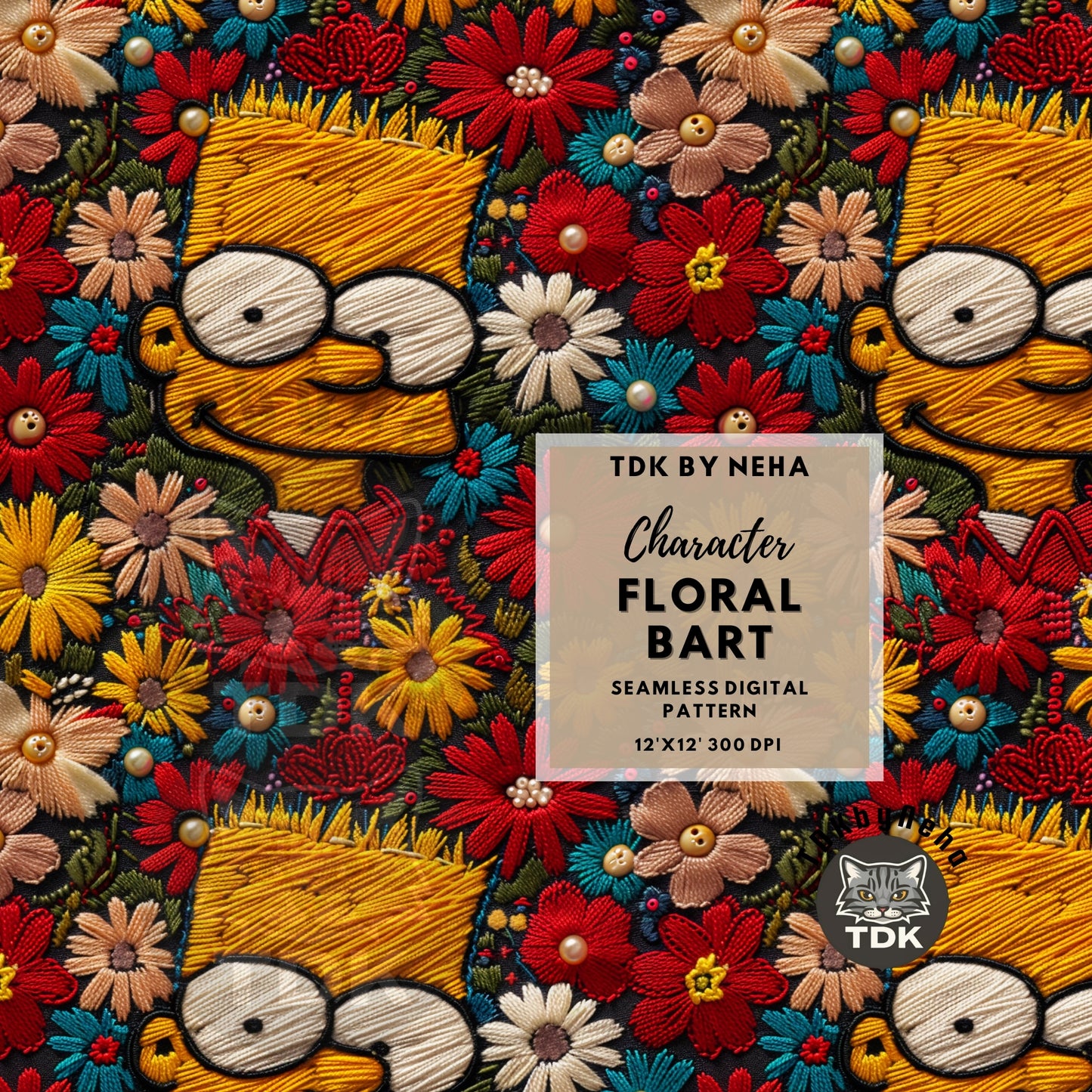 Instant Download 3D Floral Bart Seamless Digital Paper for Fabric Printing, Cute Cartoon Character Seamless Repeat Sublimation Design