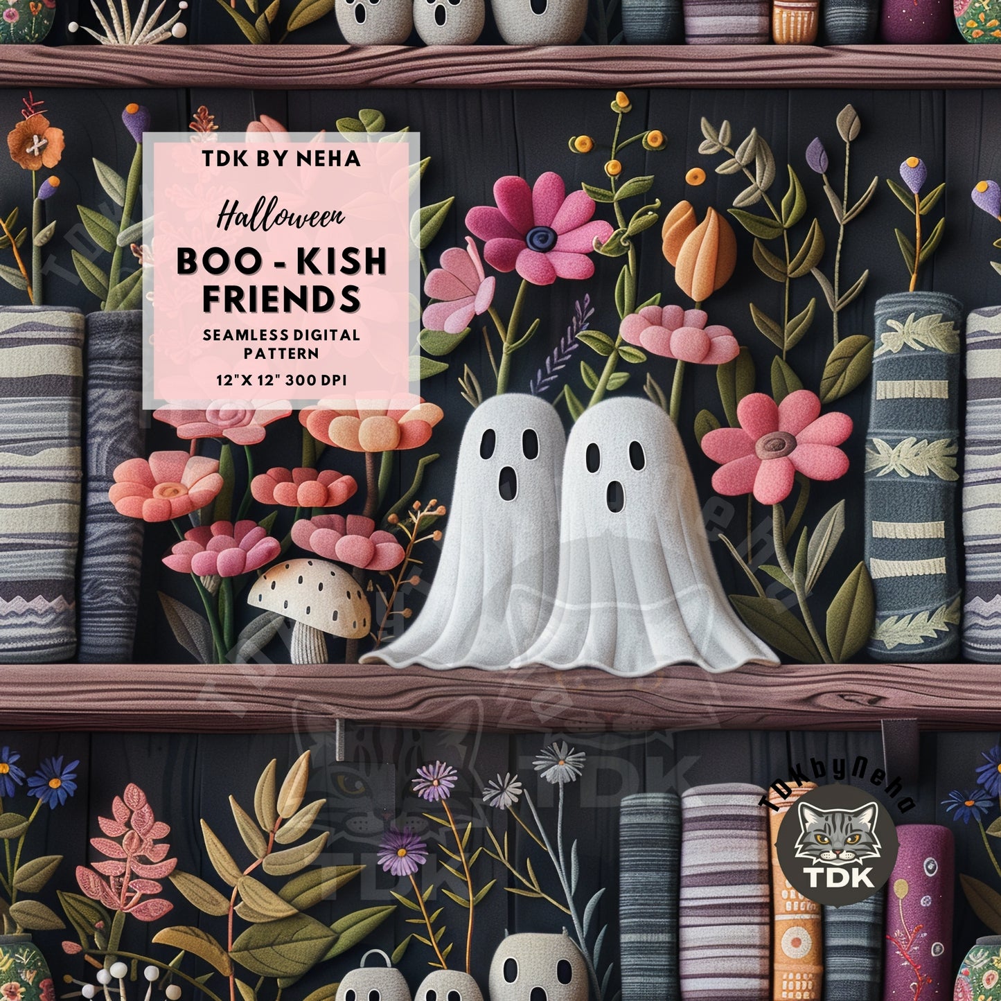 Halloween Bookish Ghosts on Bookshelf Seamless JPG