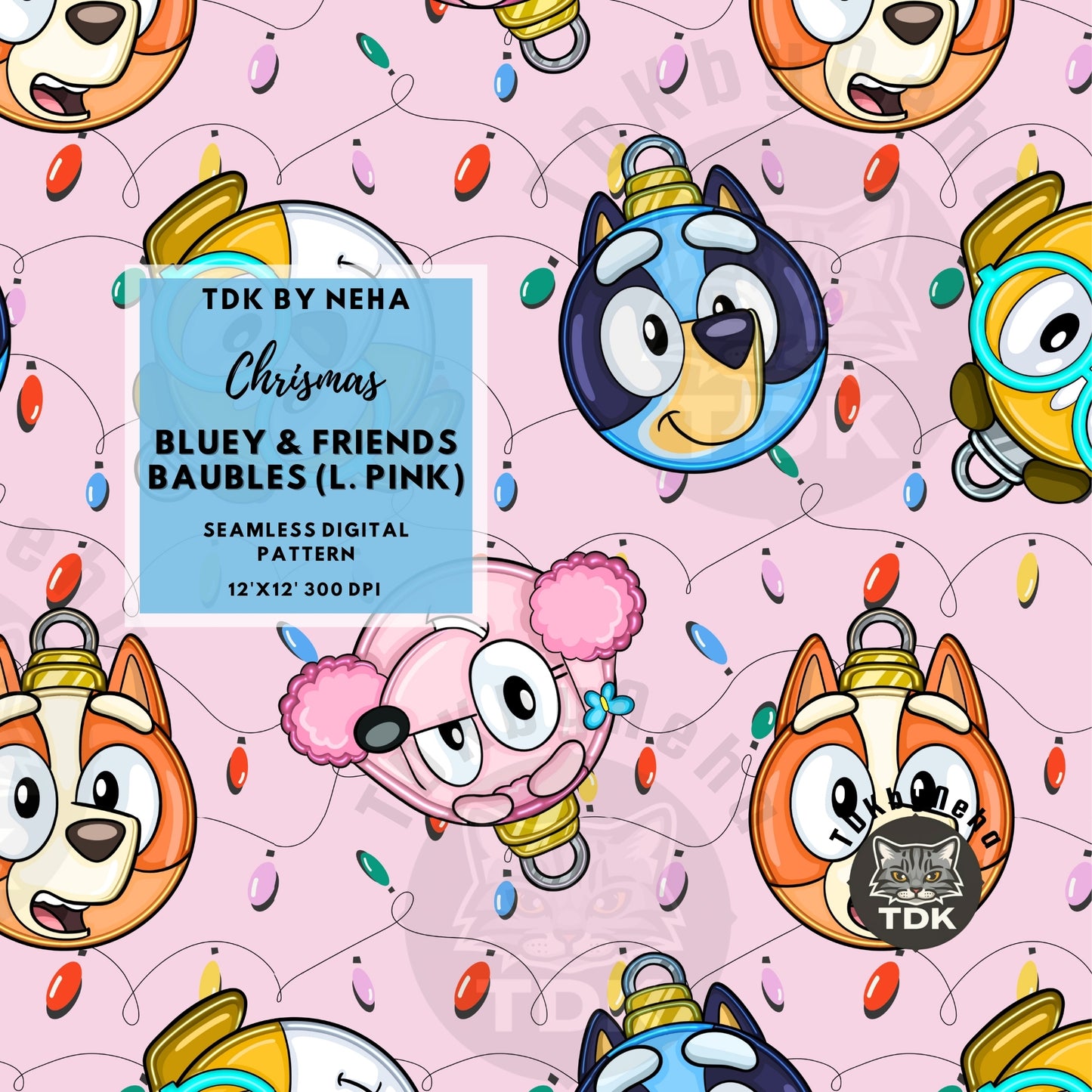 WEBSITE EXCLUSIVE - Christmas Blue Dog and Friends Baubles Seamless Pattern (L Pink)