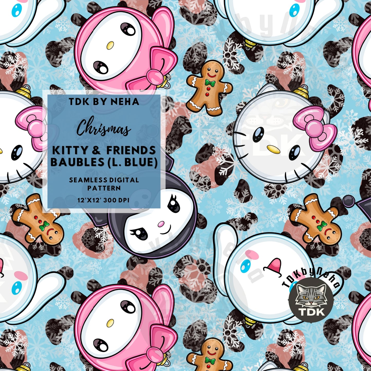 WEBSITE EXCLUSIVE - Christmas Kitty and Friends Baubles Seamless Pattern (L Blue leopard spots)