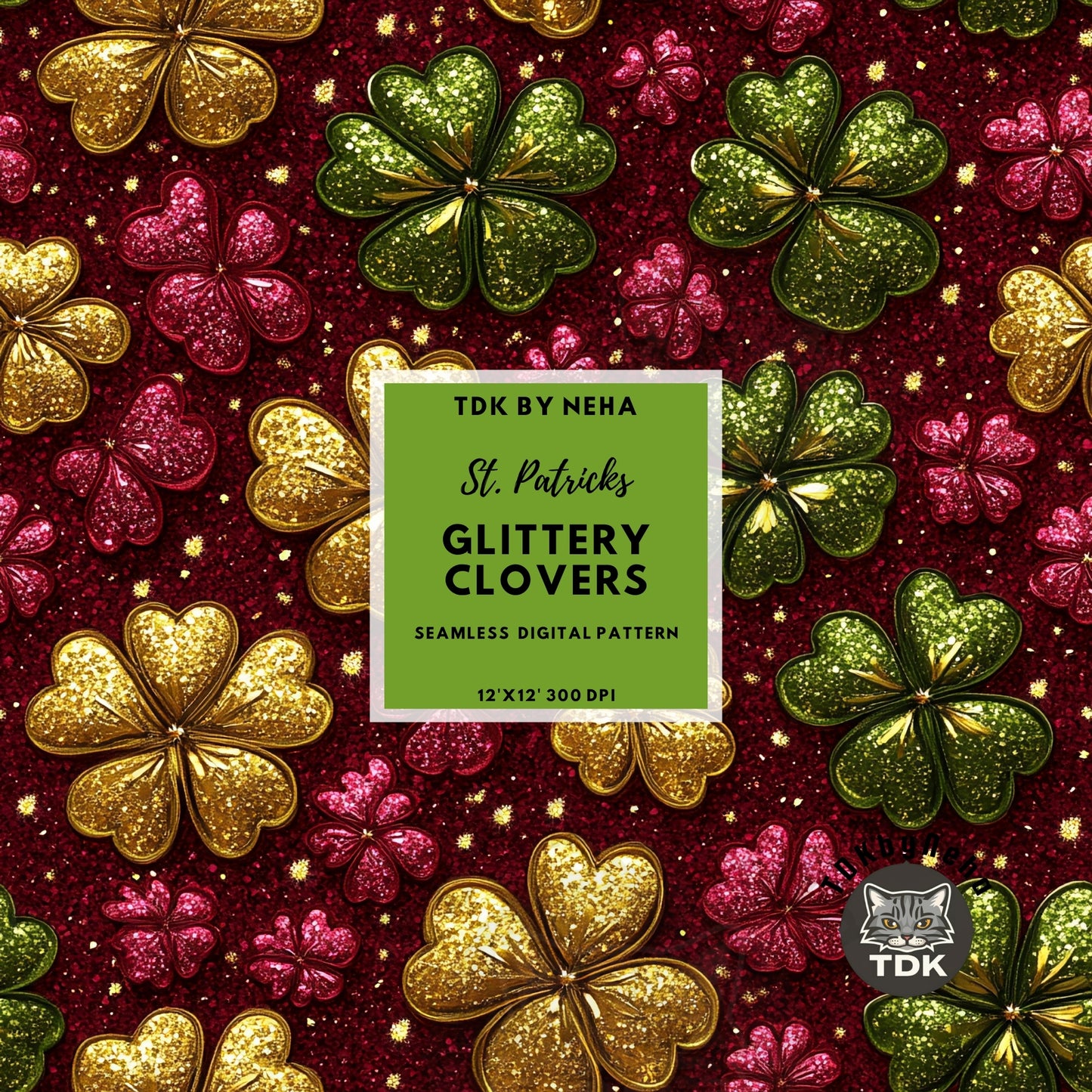 St. Patrick's Day Glittery Clovers Seamless JPG