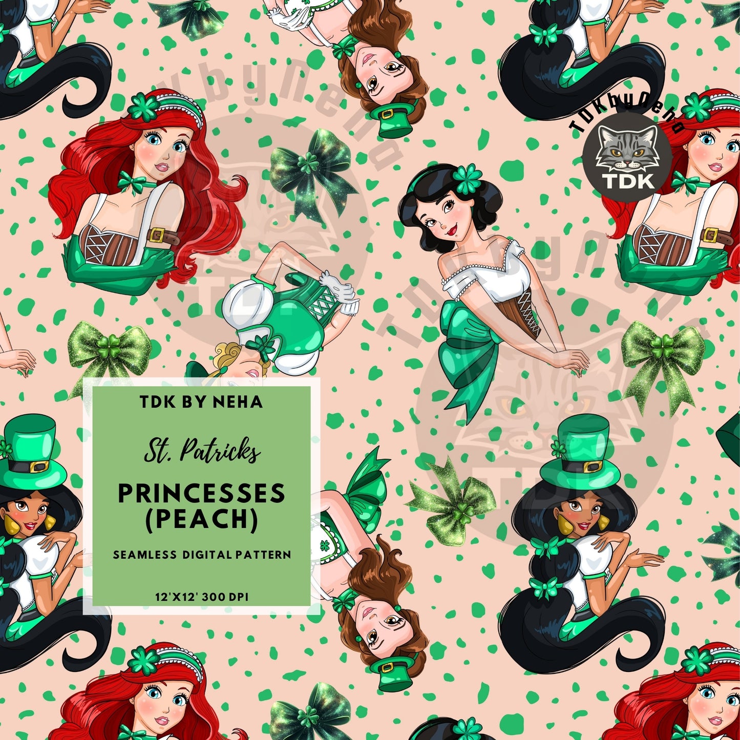 WEBSITE EXCLUSIVE - St Patrick's Day Princesses Seamless Pattern (Peach)