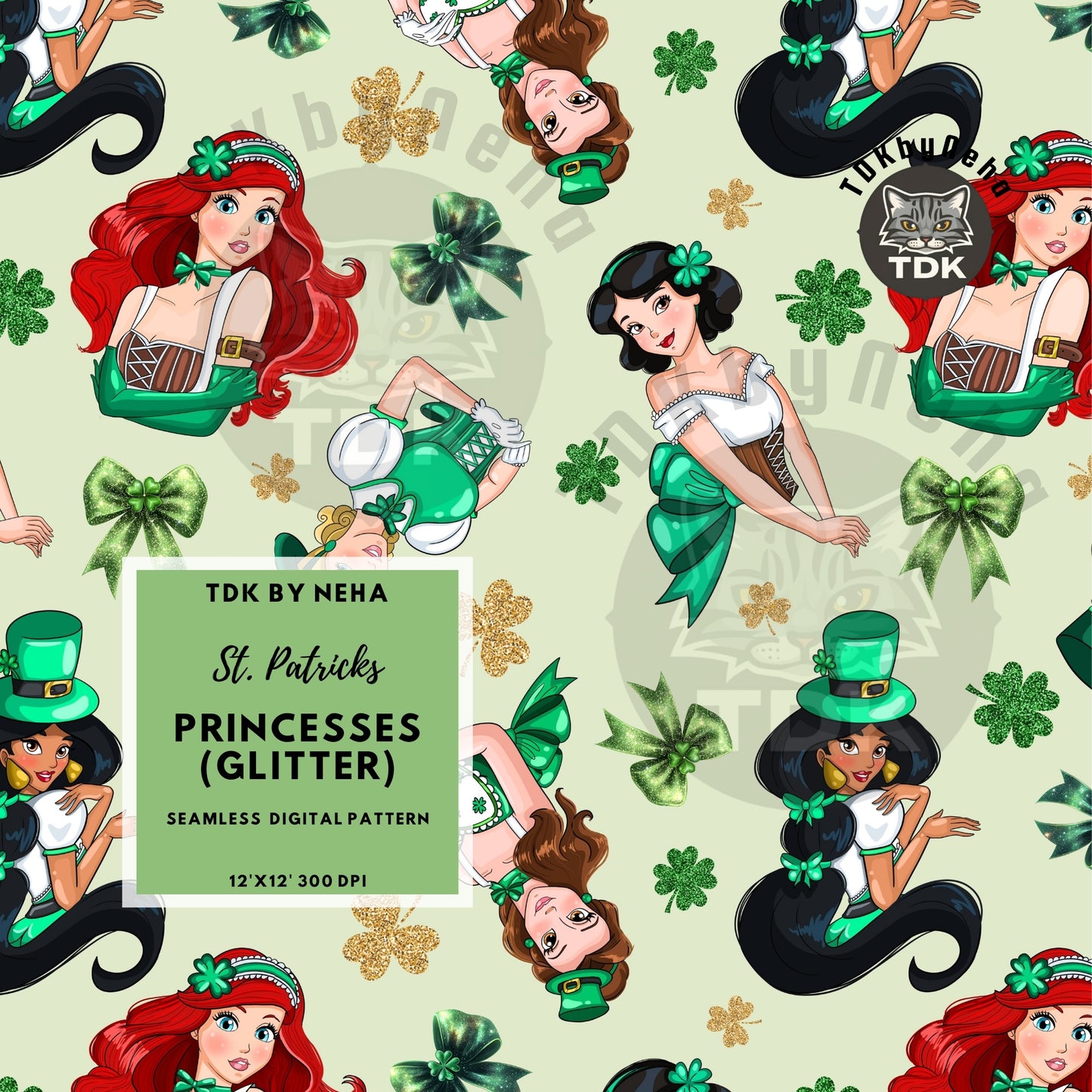 WEBSITE EXCLUSIVE - St Patrick's Day Princesses Seamless Pattern (Glitter)