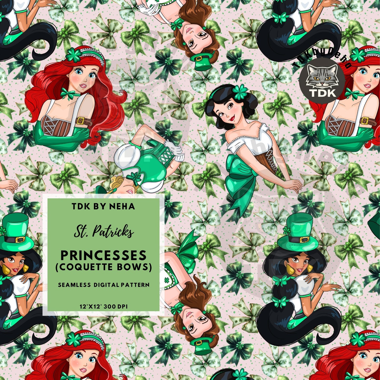 WEBSITE EXCLUSIVE - St Patrick's Day Princesses Seamless Pattern (Bows)