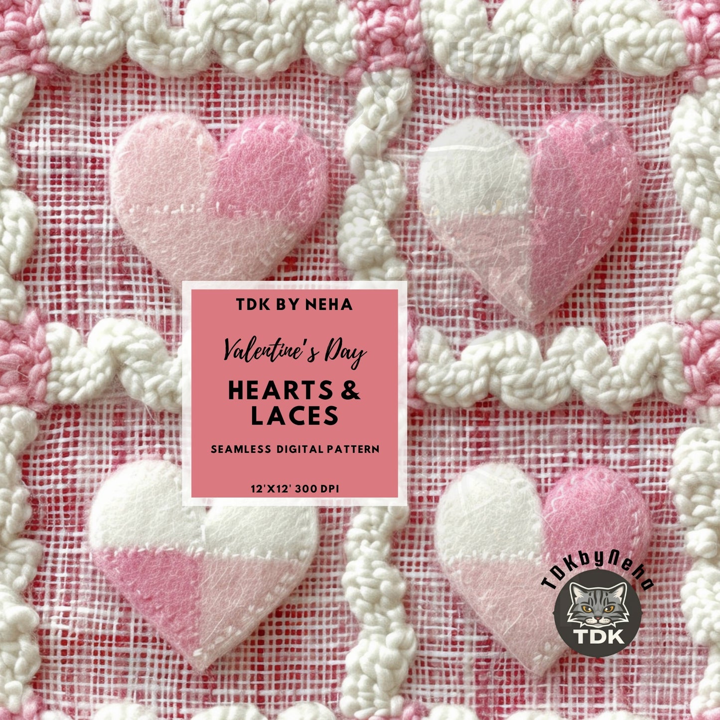 Checkered Pink Hearts and Ric Rac Lace Seamless JPG