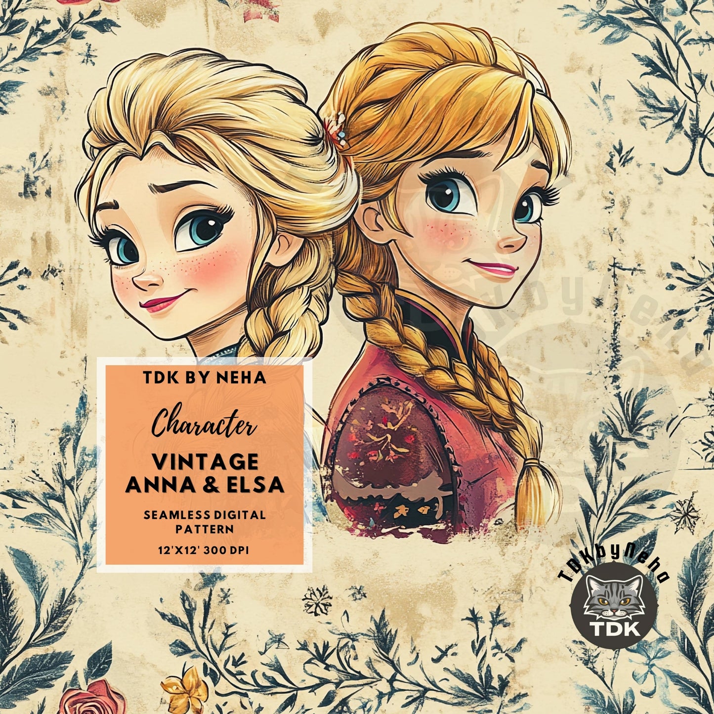 WEBSITE EXCLUSIVE - Vintage Floral Elsa and Anna Seamless Pattern