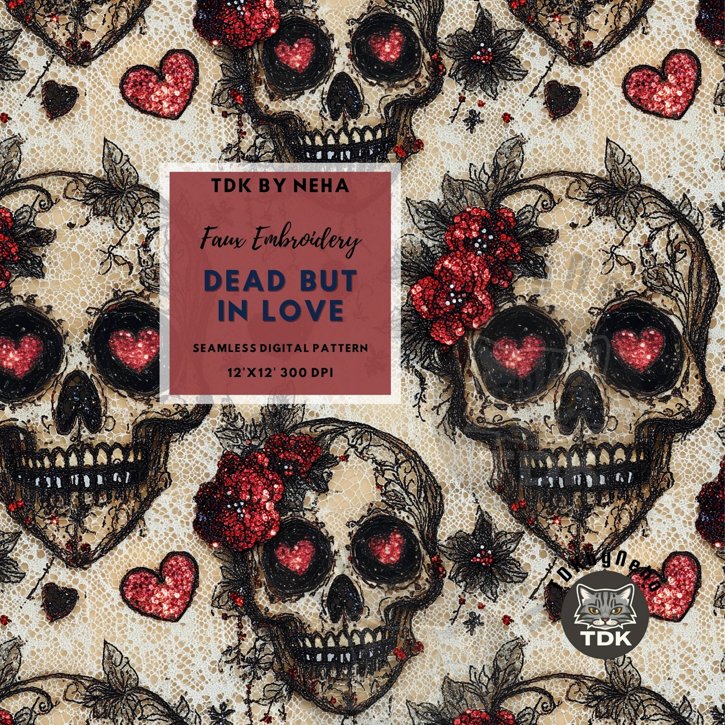 Lacy Floral Skull Hearts Seamless JPG