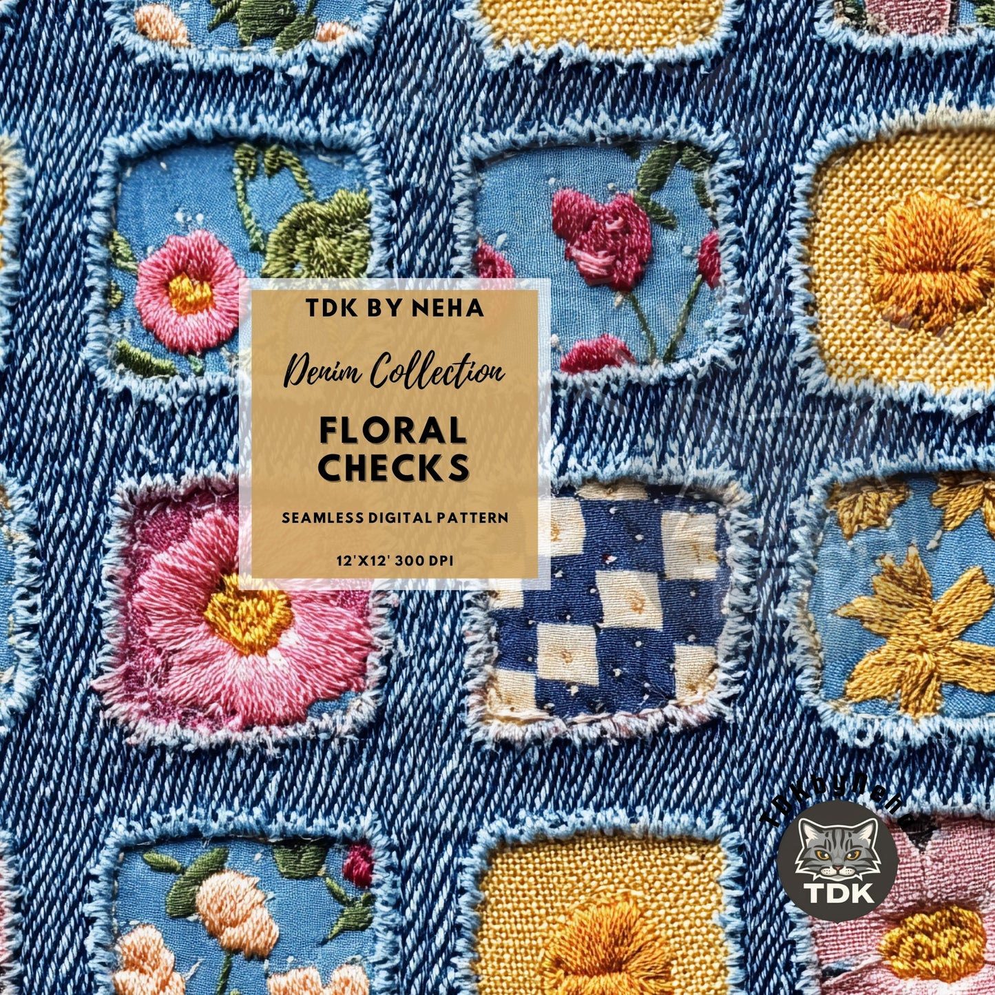 Retro Denim Checkered Florals Seamless