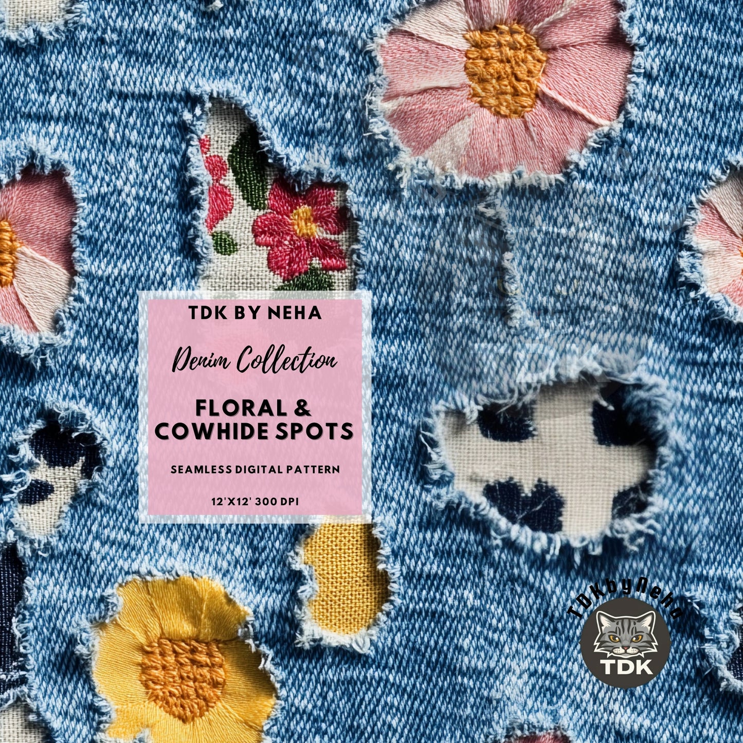Retro Denim Florals and Spots Seamless