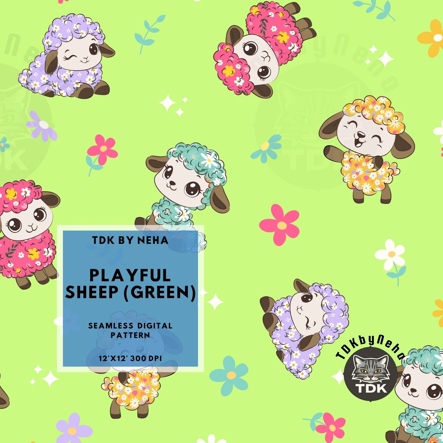 Cute Playful Lambs Seamless (L green)