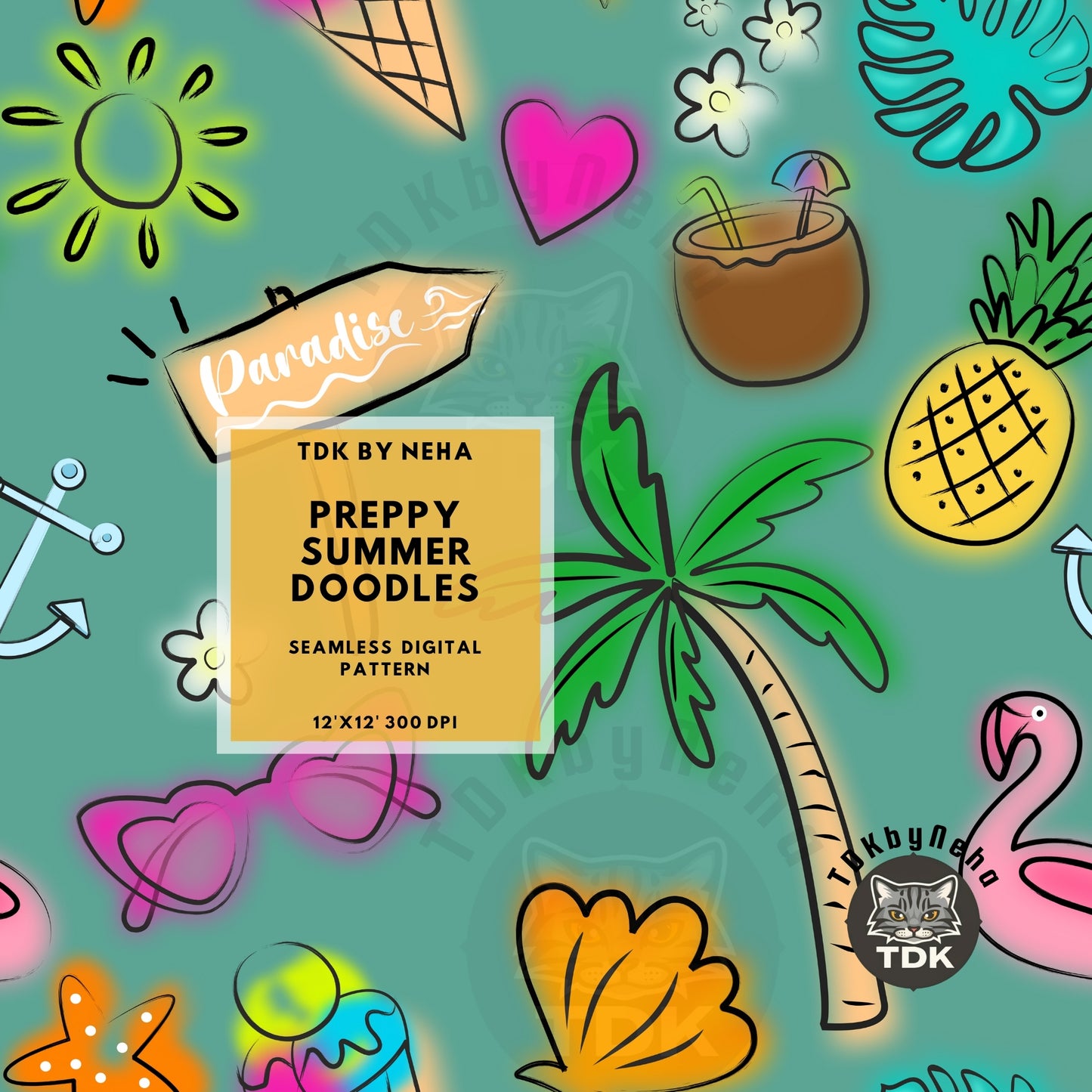 Summer Beach Doodle Seamless (Green)