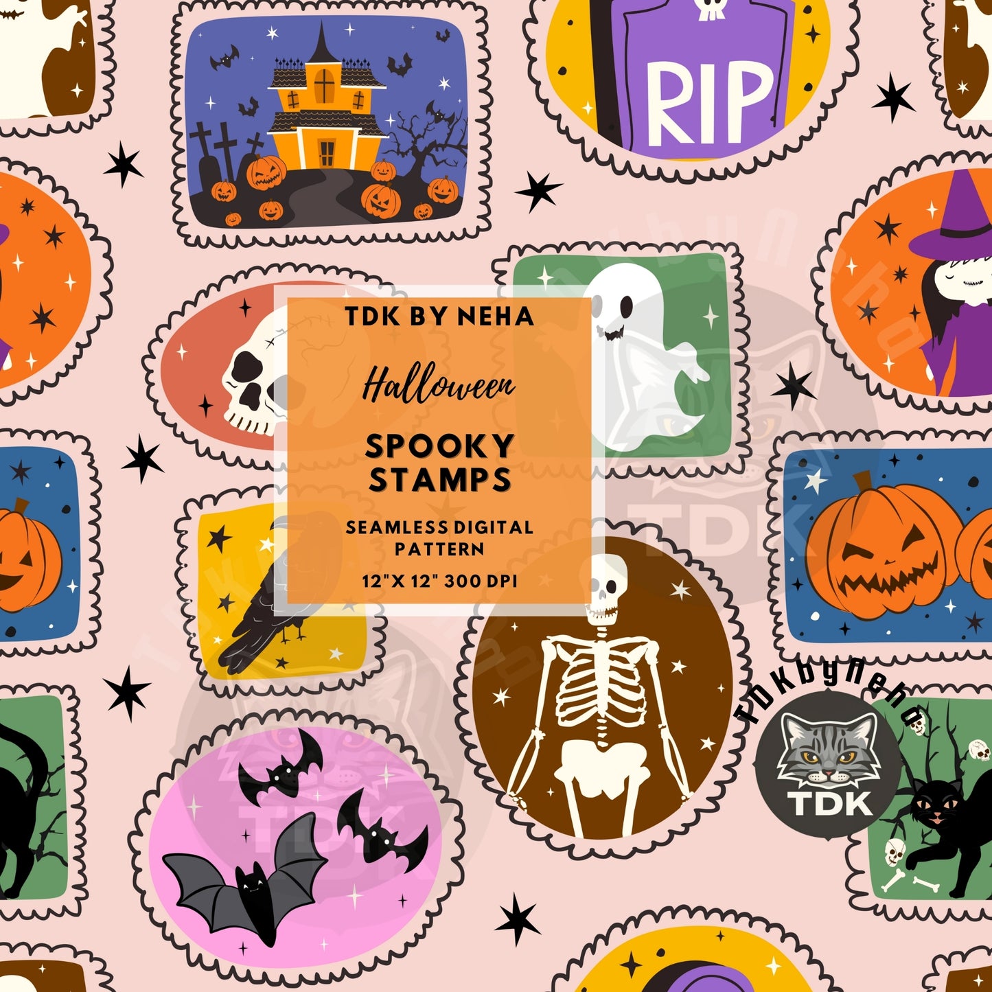 Witchy Halloween Stamps Patchwork Seamless PNG