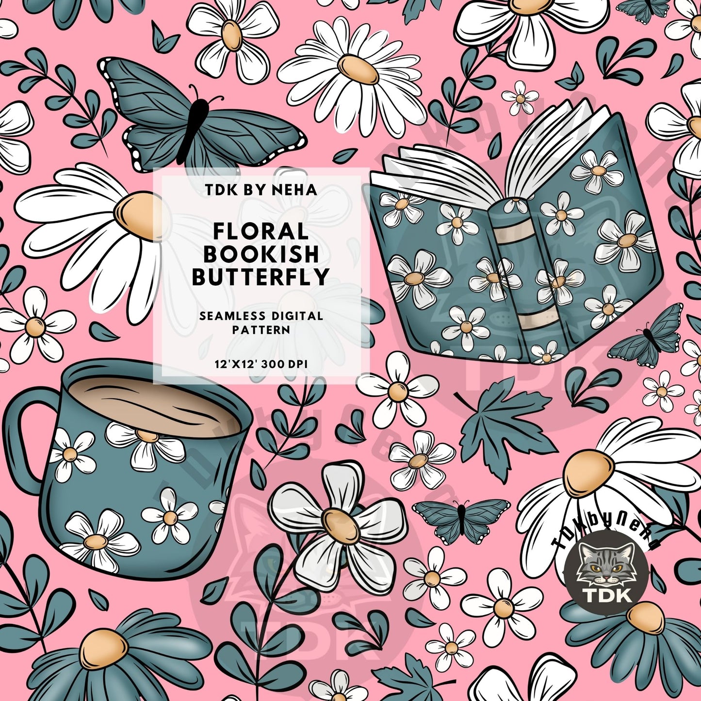 Floral Bookish Butterfly Seamless PNG (Pink)