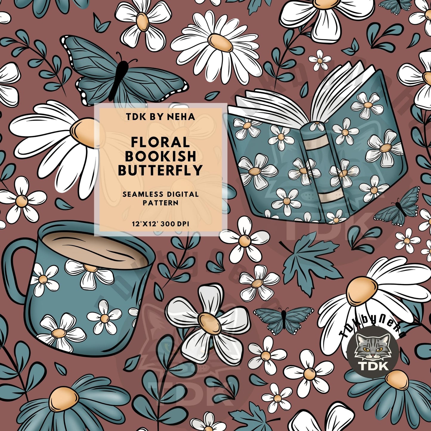 Floral Bookish Butterfly Seamless PNG