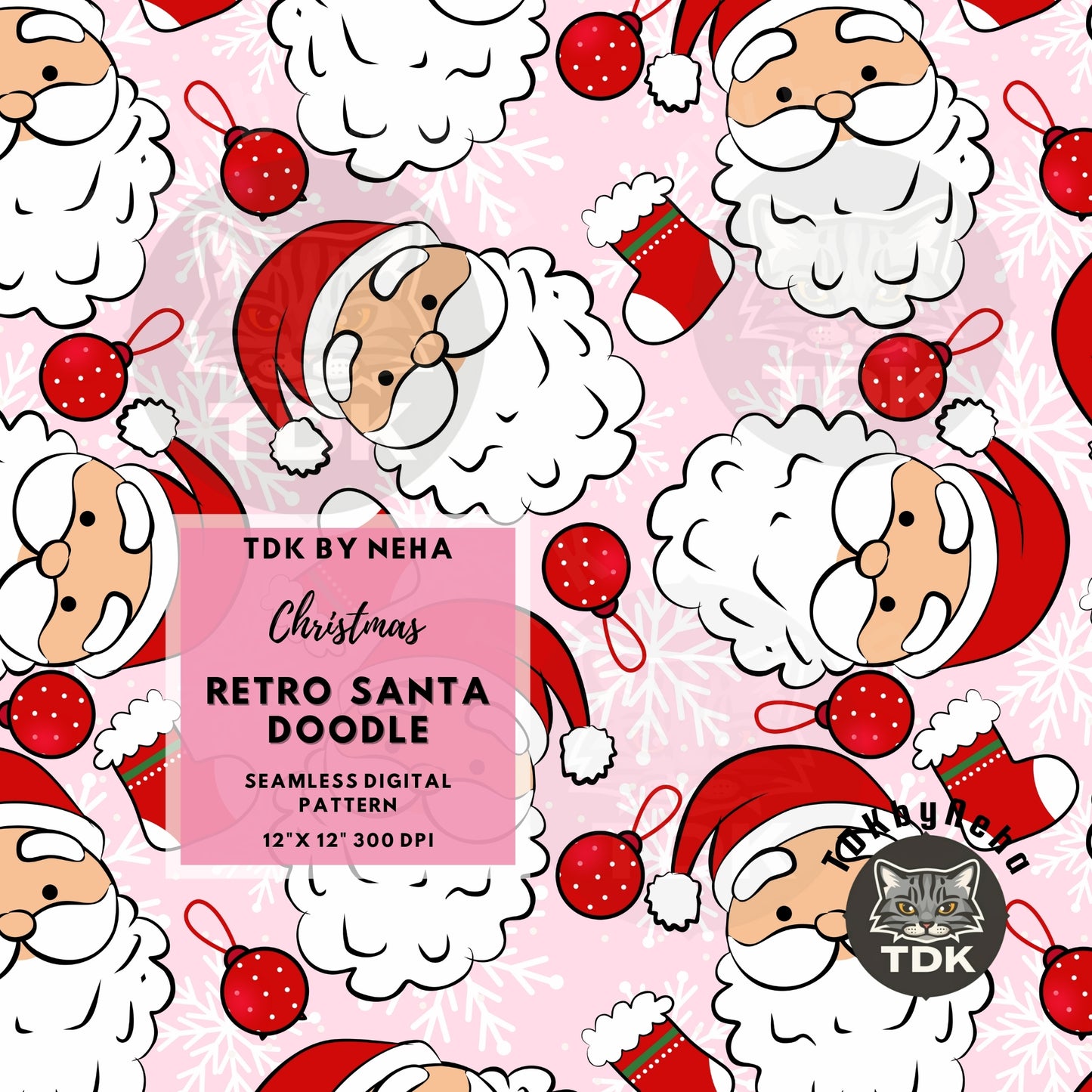 Pink Retro Santa and Snowflakes Seamless