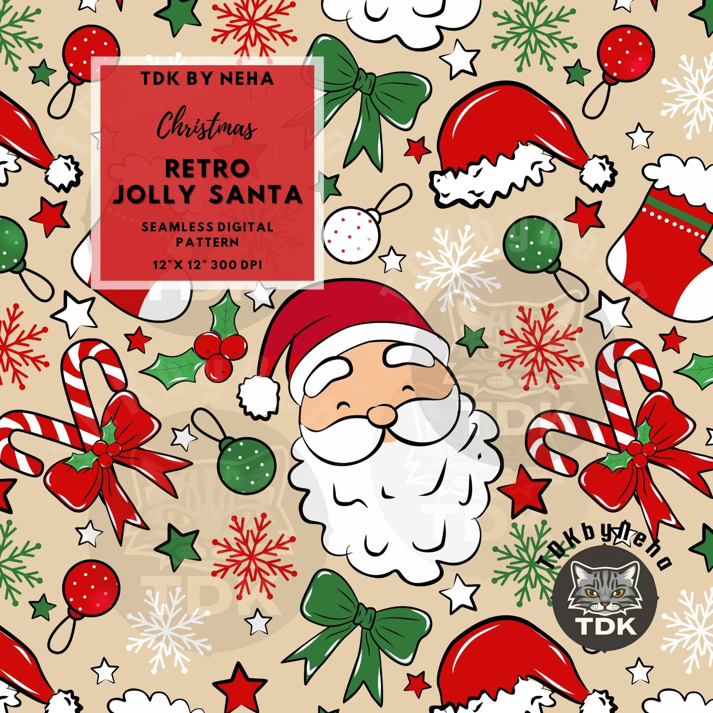 Neutral Coquette Retro Santa Seamless PNG