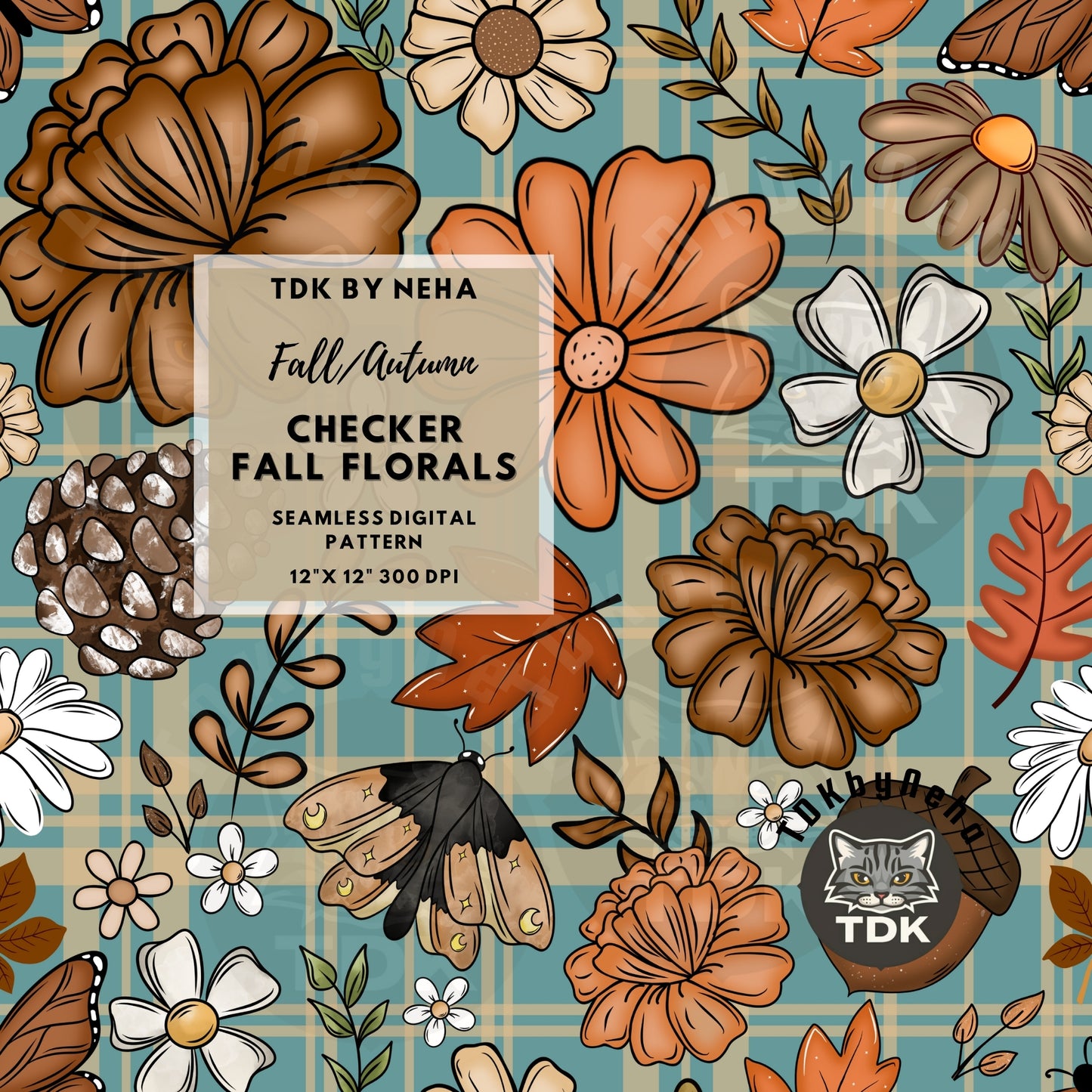 Checkered Fall Florals and Checks Seamless PNG (Dusty Green)