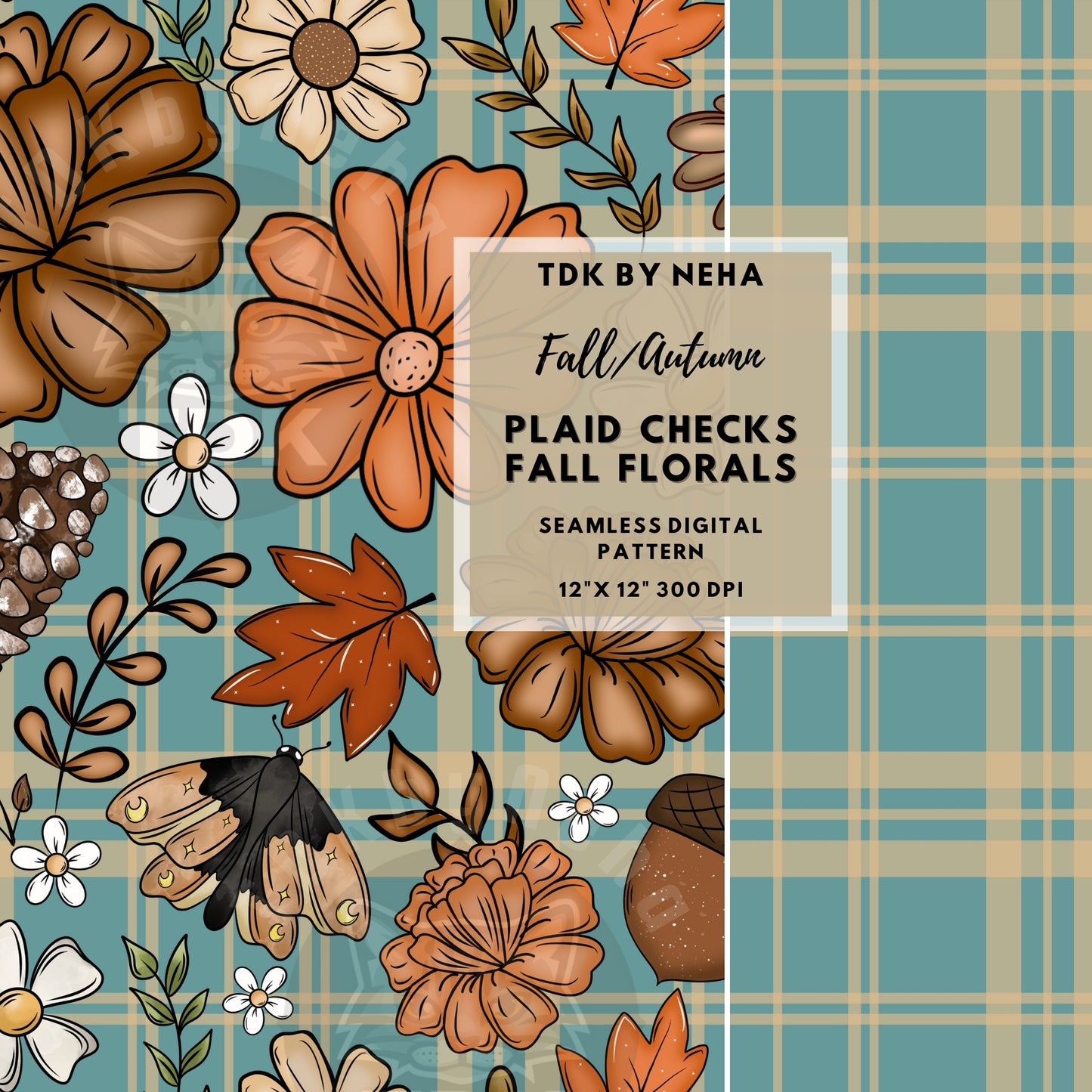 Checkered Fall Florals and Checks Seamless PNG (Dusty Green)