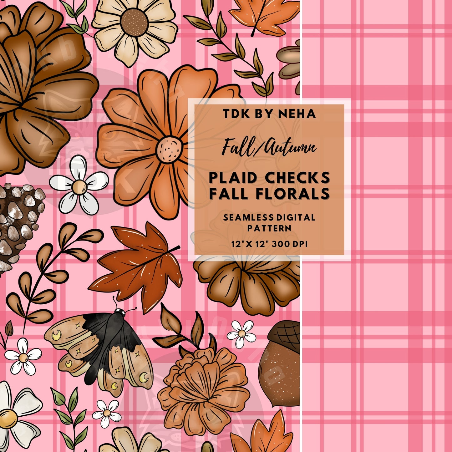 Checkered Fall Florals and Checks Seamless PNG (pink)