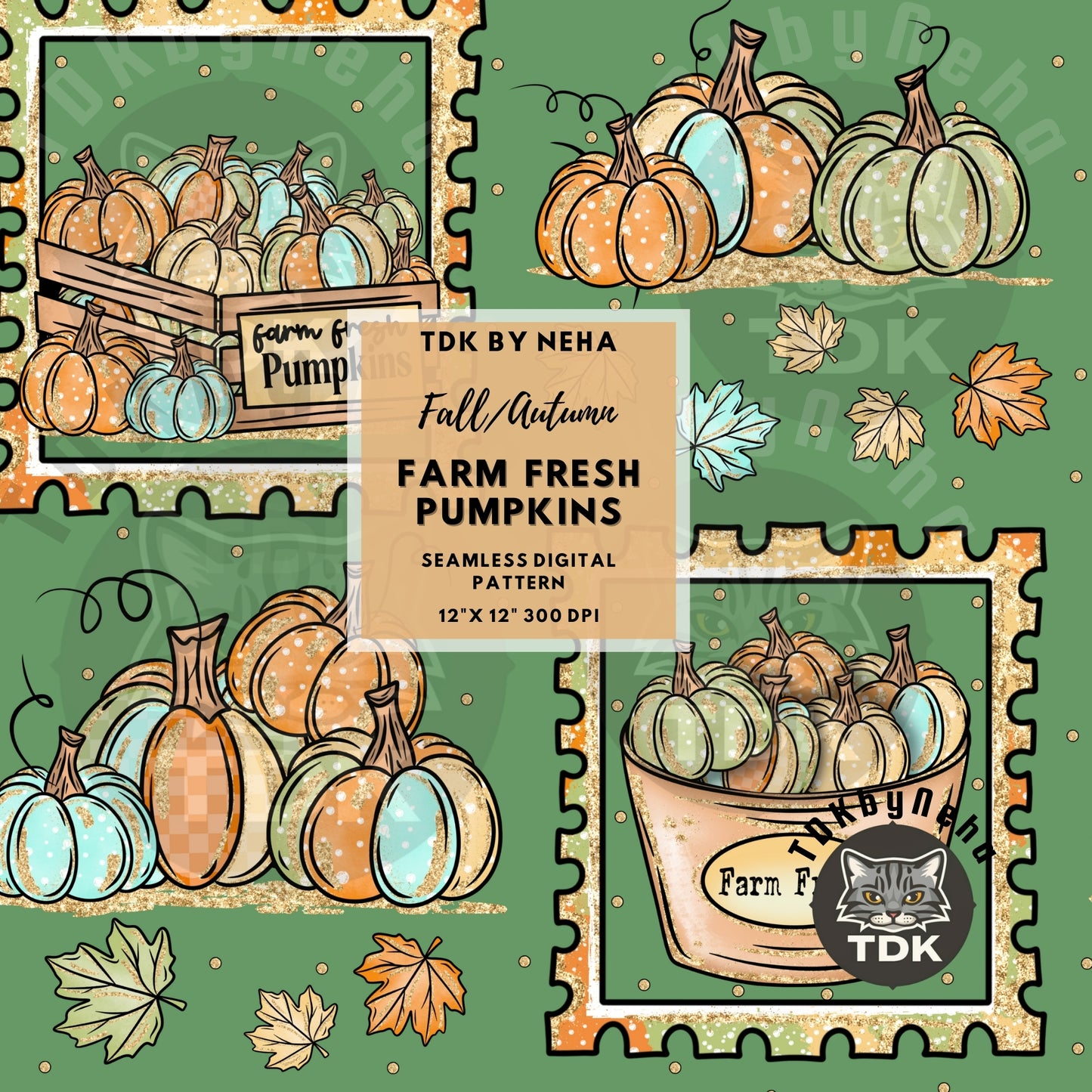 Farm Fresh Pumpkins Seamless PNG (Green)
