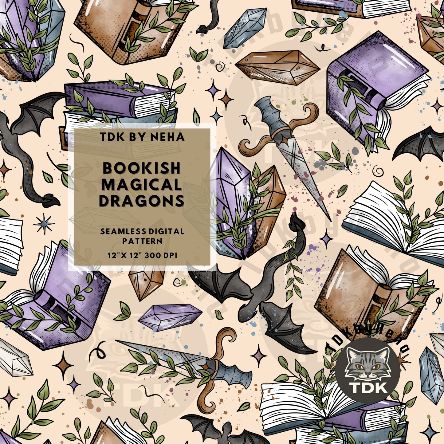 Bookish Magical Dragons Seamless PNG