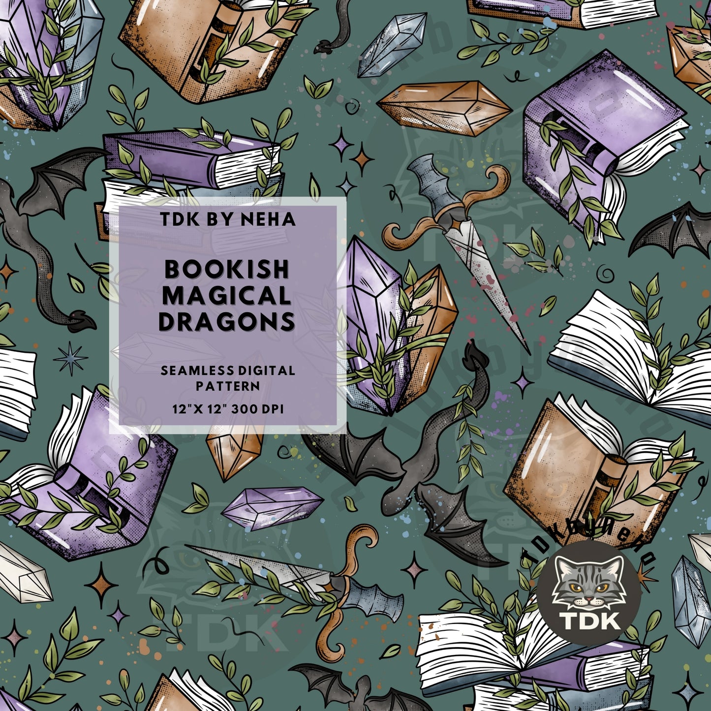 Bookish Magical Dragons Seamless PNG (Green)