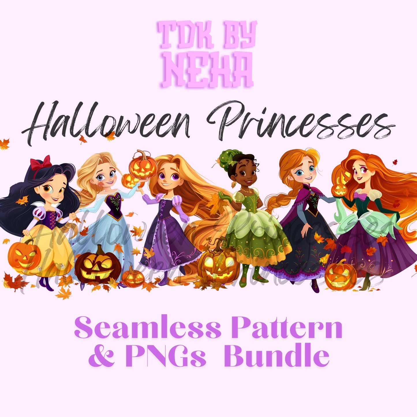 Instant Download Halloween Princesses Seamless Pattern and PNGs BUNDLE