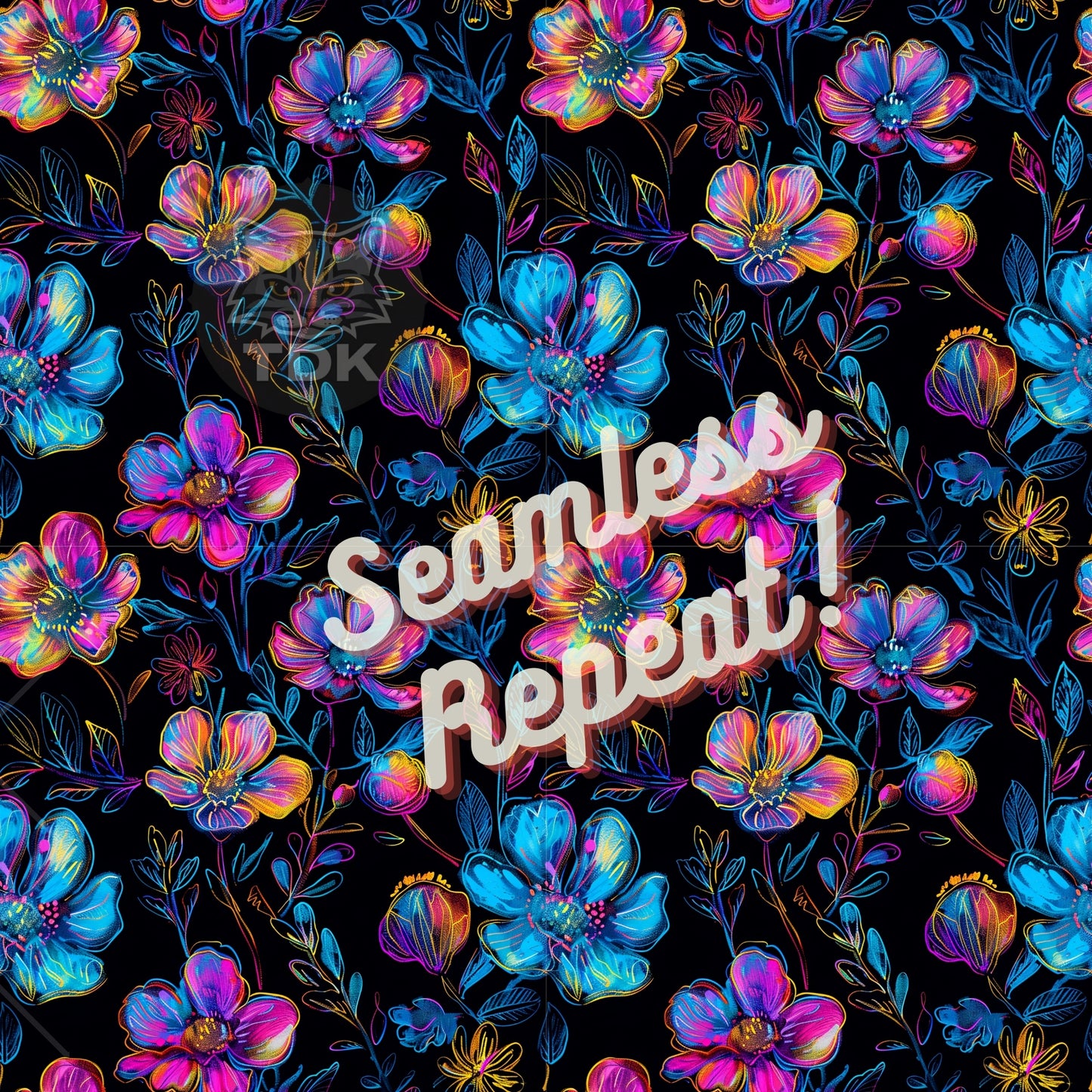 Instant Download , Night Glowing Psychedelic Floral Seamless Digital Paper for Fabric Print, Neon Flower Seamless Repeat Sublimation Design