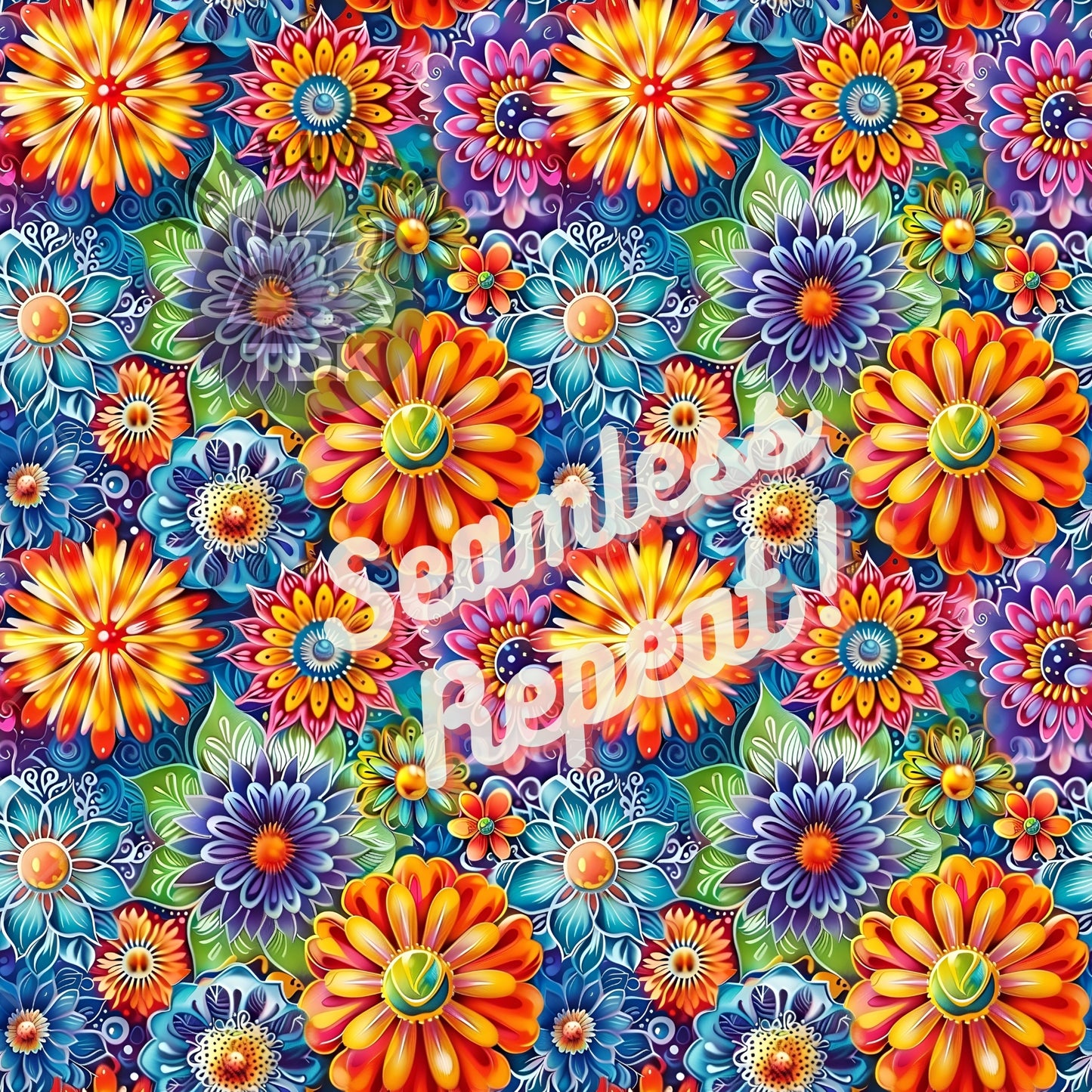 Instant Download , Colorful Mandala Florals Seamless Digital Paper for Fabric Print, Bright Psychedelic Flower Seamless Repeat Sublimation Design