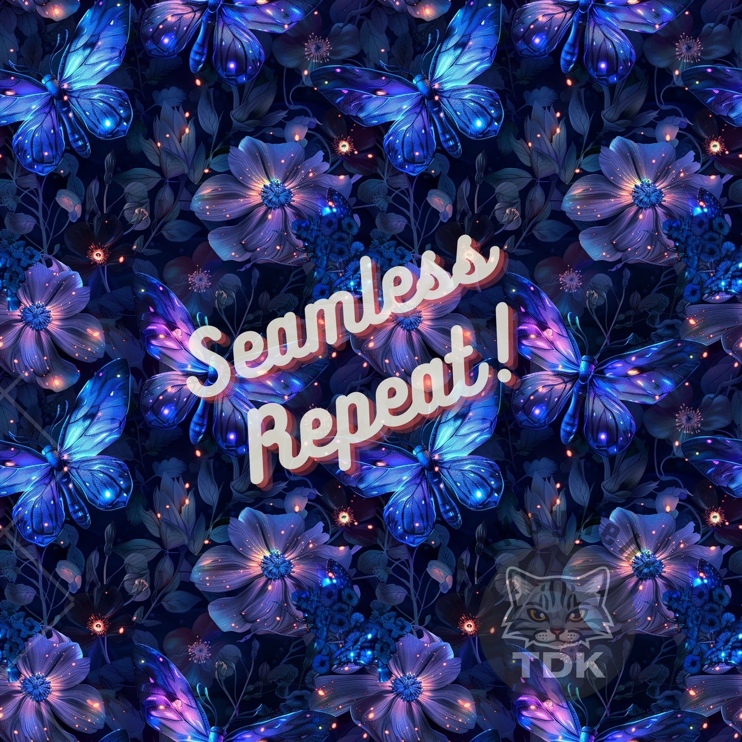 Instant Download , Glow in the Wild Seamless Digital Paper for Fabric Print, Night Flower and Butterflies Seamless Repeat Sublimation Design