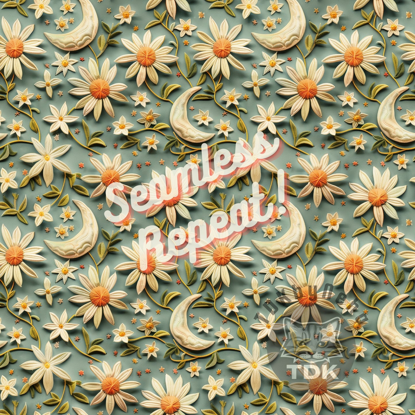 Instant Download , Boho Floral Moon Seamless Digital Paper for Fabric Print, White Daisy Flowers Seamless Repeat Sublimation Design