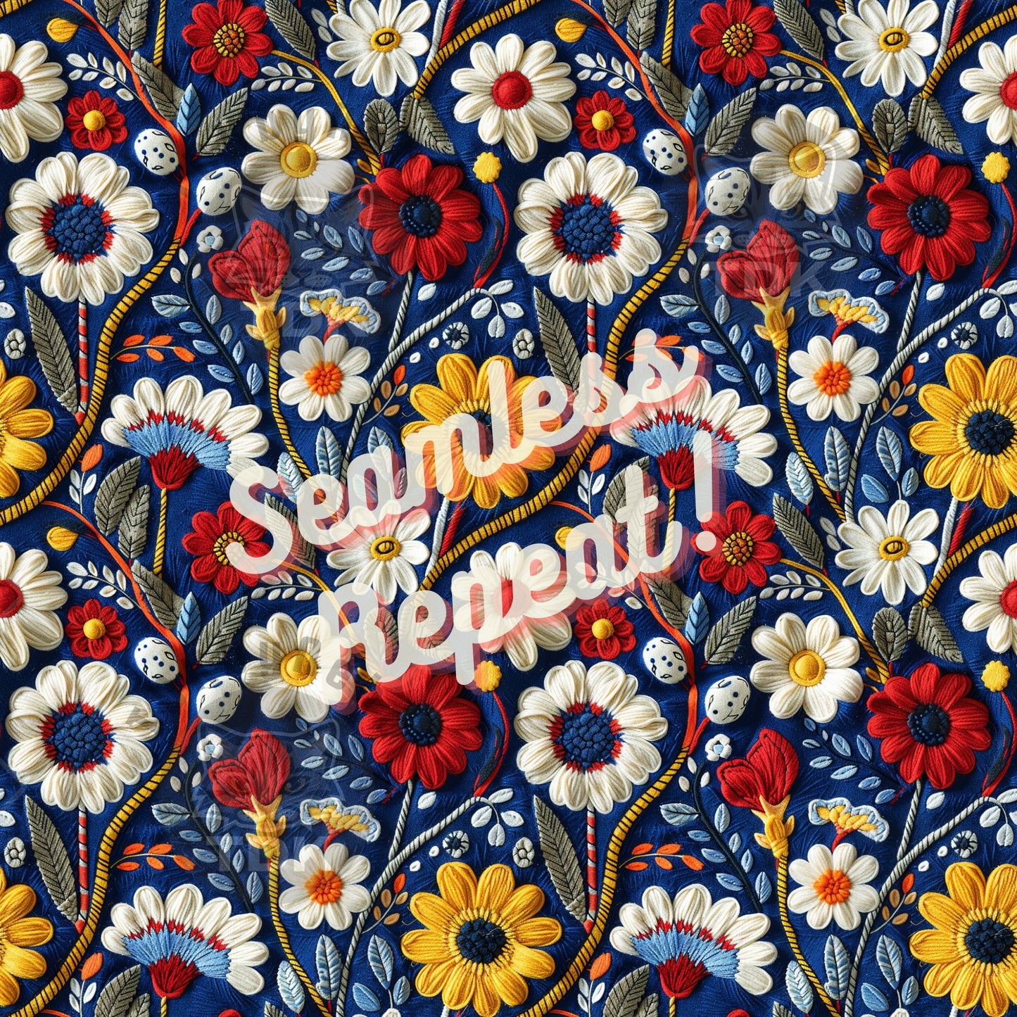 Instant Download , Boho Floral Seamless Digital Paper for Fabric Print, Red White Yellow Blue Daisy Flowers Seamless Repeat Sublimation Design