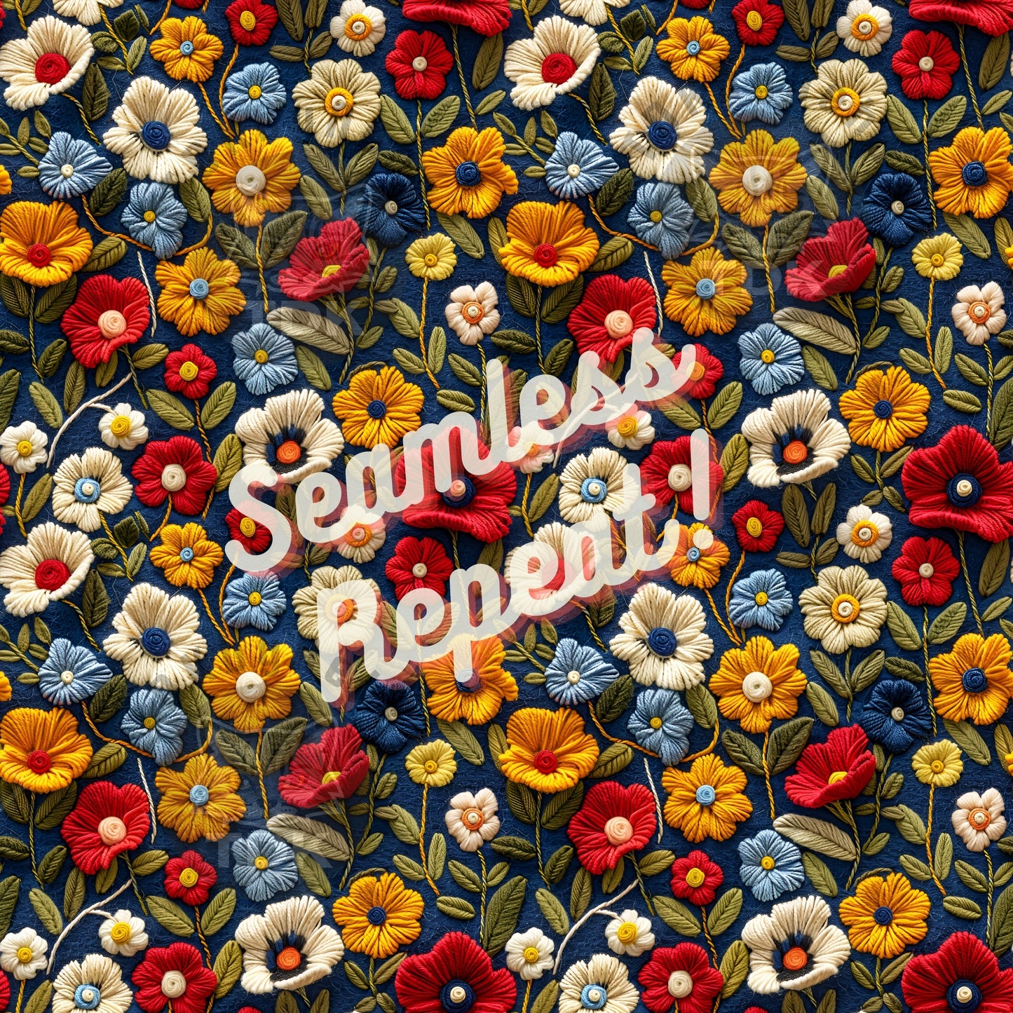 Instant Download , Cute Boho Floral Seamless Digital Paper for Fabric Print, Red White Yellow Blue Daisy Flowers Seamless Repeat Sublimation Design