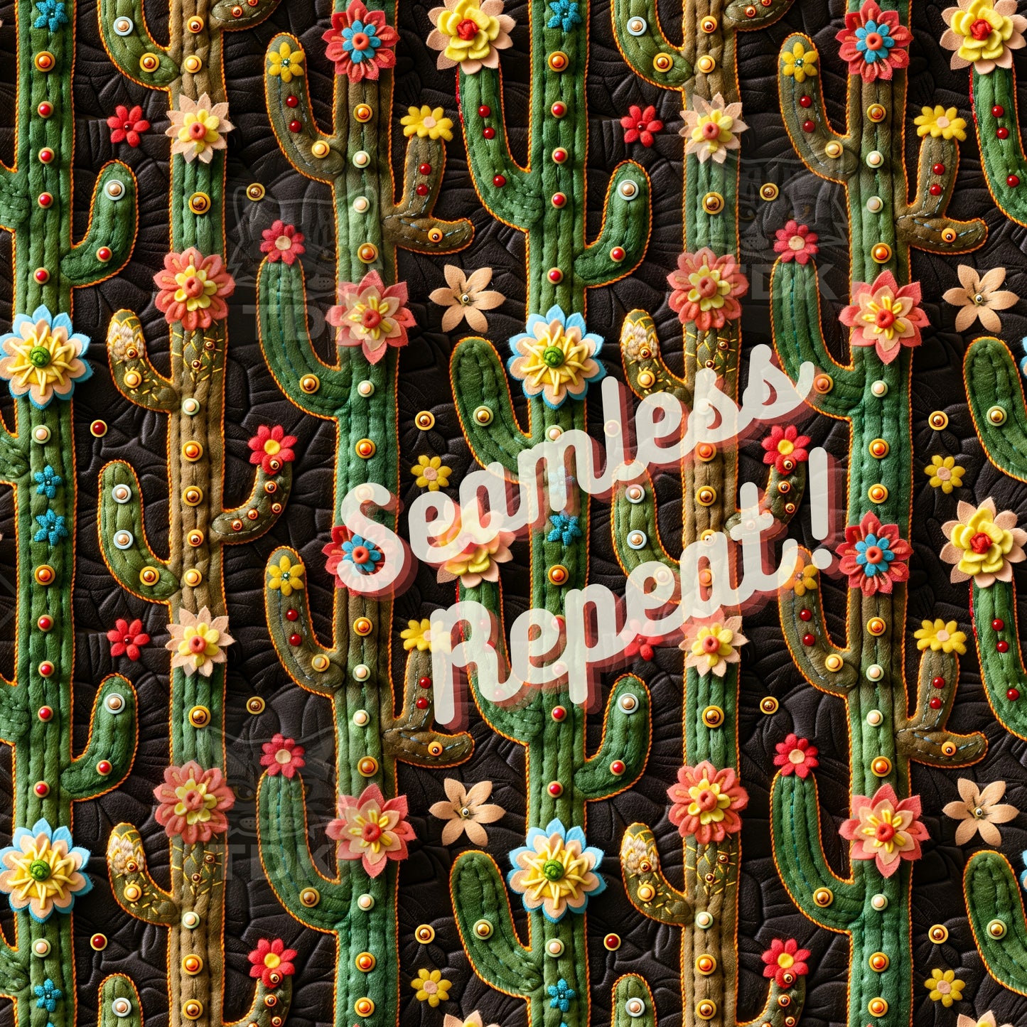 Instant Download , Boho Floral Cactus Seamless Faux Embroidery Digital Paper for Fabric Print, Western Cactus Seamless Repeat Sublimation Design