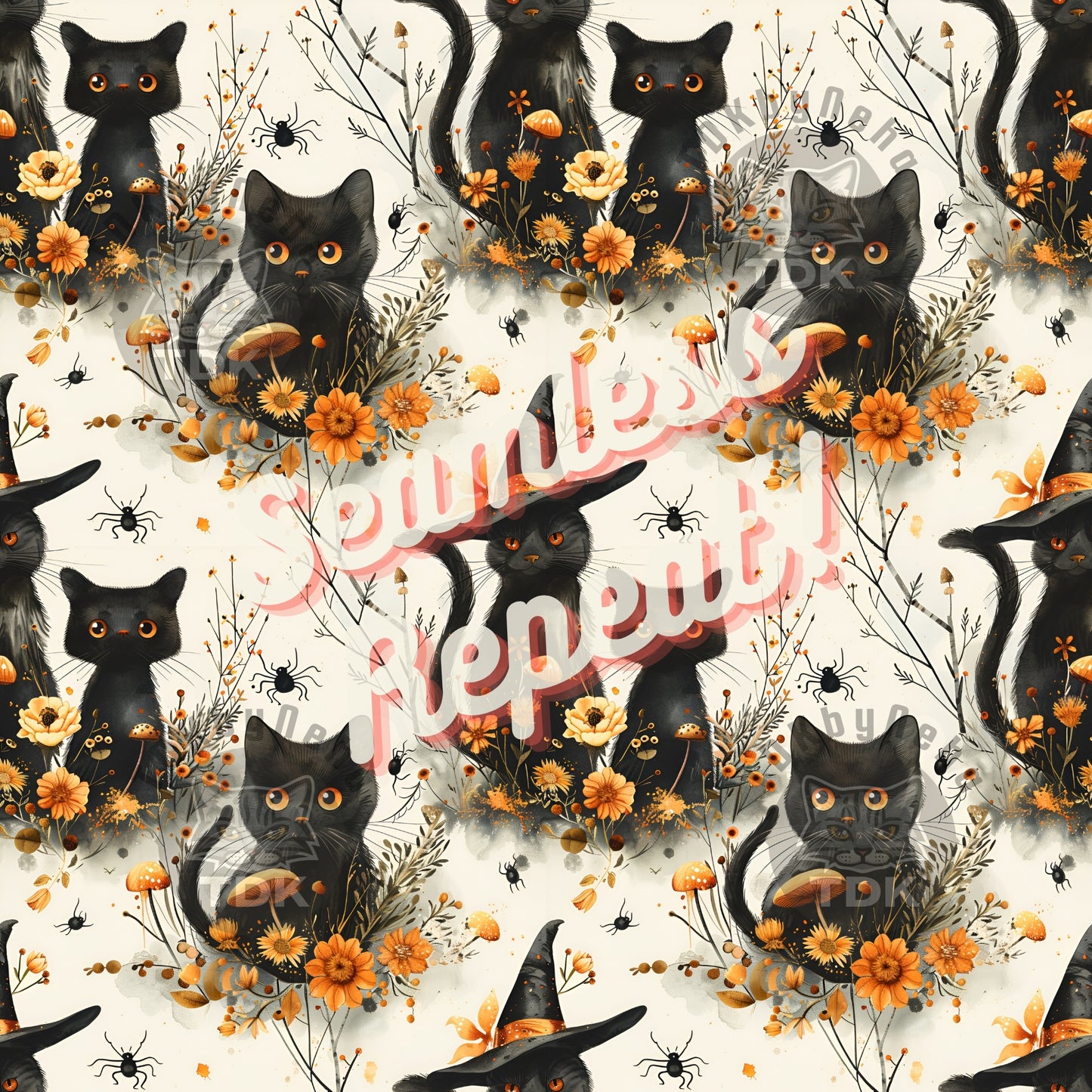 Halloween Boho Fall Black Cats Seamless JPG