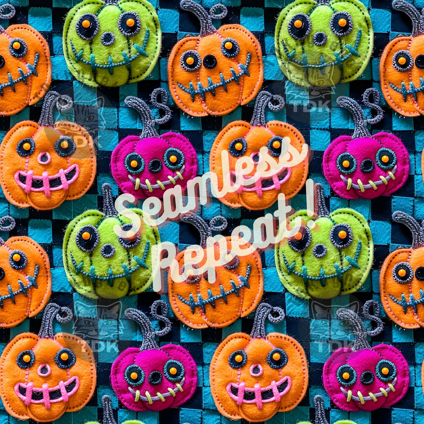 Instant Download ,Spooky Checkered Neon Jack O Lantern Faux Embroidery Seamless Digital Paper for Fabric Print, Colorful Pumpkins Halloween Seamless Repeat Sublimation Design